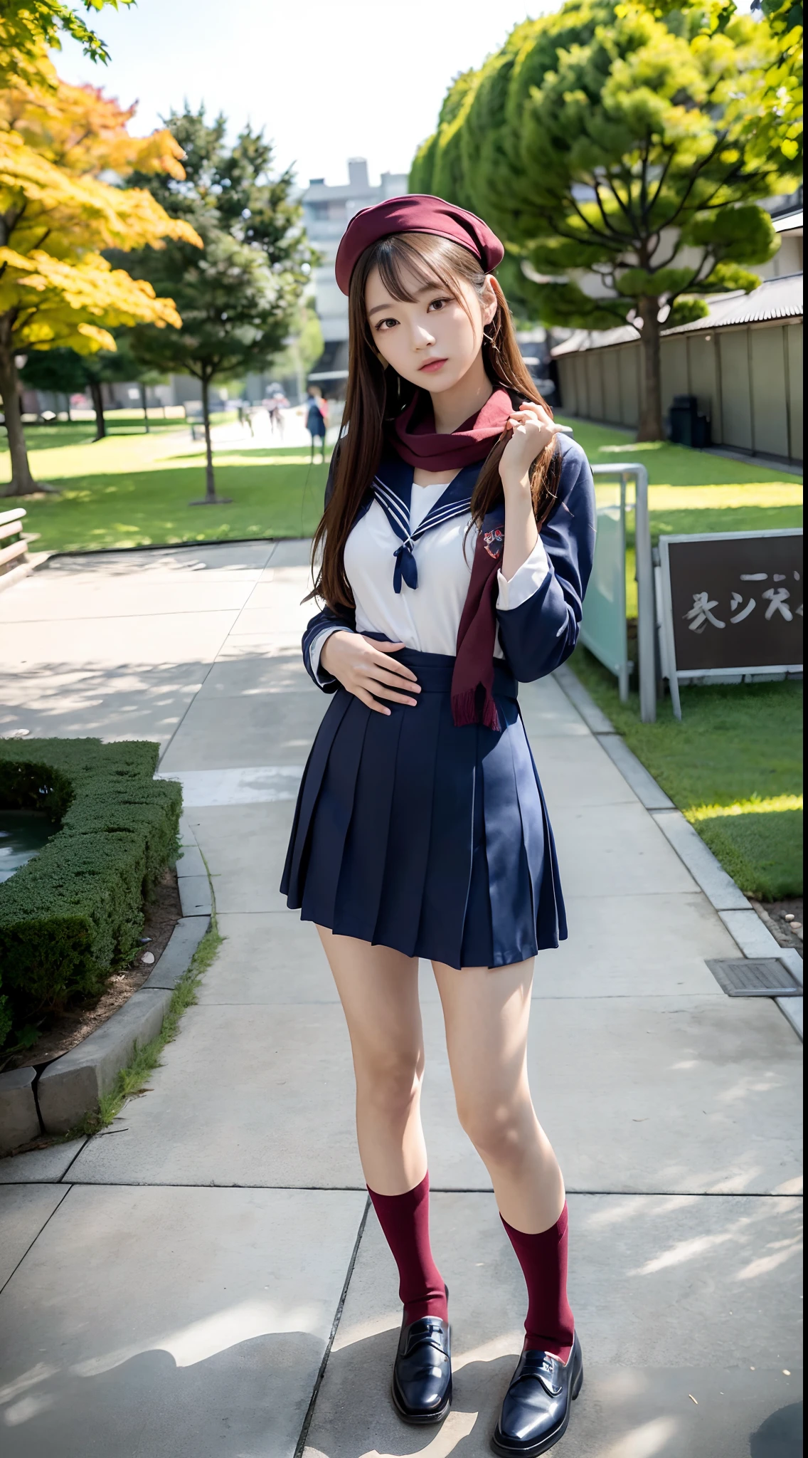 mix4, (16 K, Raw photography, Top image quality, ​masterpiece: 1.45), (realisitic, Photorealsitic: 1.37), one girls, 7．5, etc、Random hairstyle、Standing figure，Noon time slot、a very cute,a park,, profetional lighting, photon maping、physically-based renderingt, Gradient dark brown hair,, a handsome, Well-groomed and beautiful eyes、Large double eyelids、Very shiny、girl with, (((student clothes、Sailor suit worn by Japan schoolgirl、Navy blue sailor color、scarf、a miniskirt, Small maroon beret、high socks、Brown loafers))), Top Quality Photos, hight resolution, 1080p, (clearface), (Detailed face description), (Detailed hand description), (​masterpiece), (Exquisite CG)、extreme light and shadows、dishevled hair、master work、abundant detail、(Fine facial features)、(top quality photo)、(masuter piece)、(A detailed eye)、Look in front of you、Fine clavicle、((Slender big))、(((Japan schoolgirl in long-sleeved sailor suit)))、((Ready Idol System))、((a park、Slide、The fountain、seesaw))、(Shooting from random perspectives)、(((neat and cute)))、耳Nipple Ring、A big smile、Drawing the whole body from the knees、Do not draw nasolabial folds、(((Cute sailor suit)))、(Big breasts that hang down big:1.2)、Big buttocks with tension、Two arms and two legs、(((from the front side:0.5)))、bare hand、No mask、
