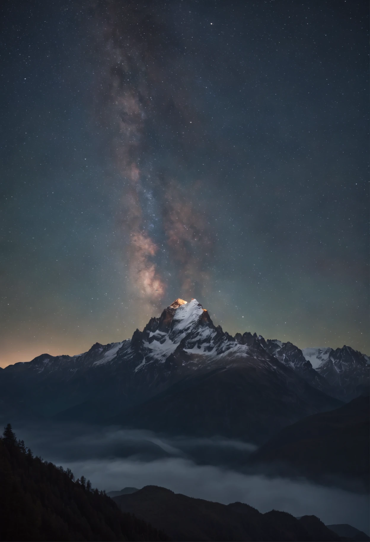 The milkyway shining over the tallest mountain peak as the last bit of sunlight dims over the furthest mountain regions