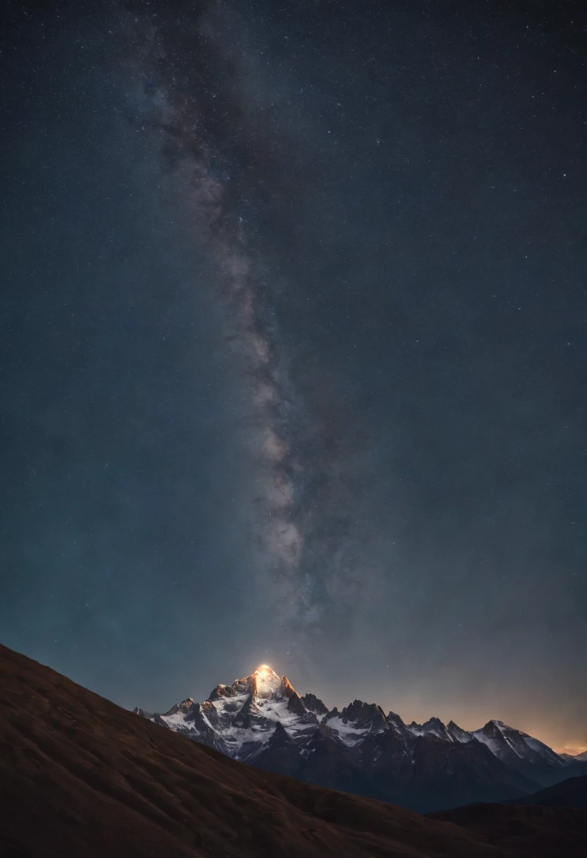 The milkyway shining over the tallest mountain peak as the last bit of sunlight dims over the furthest mountain regions, Accurate milkyway