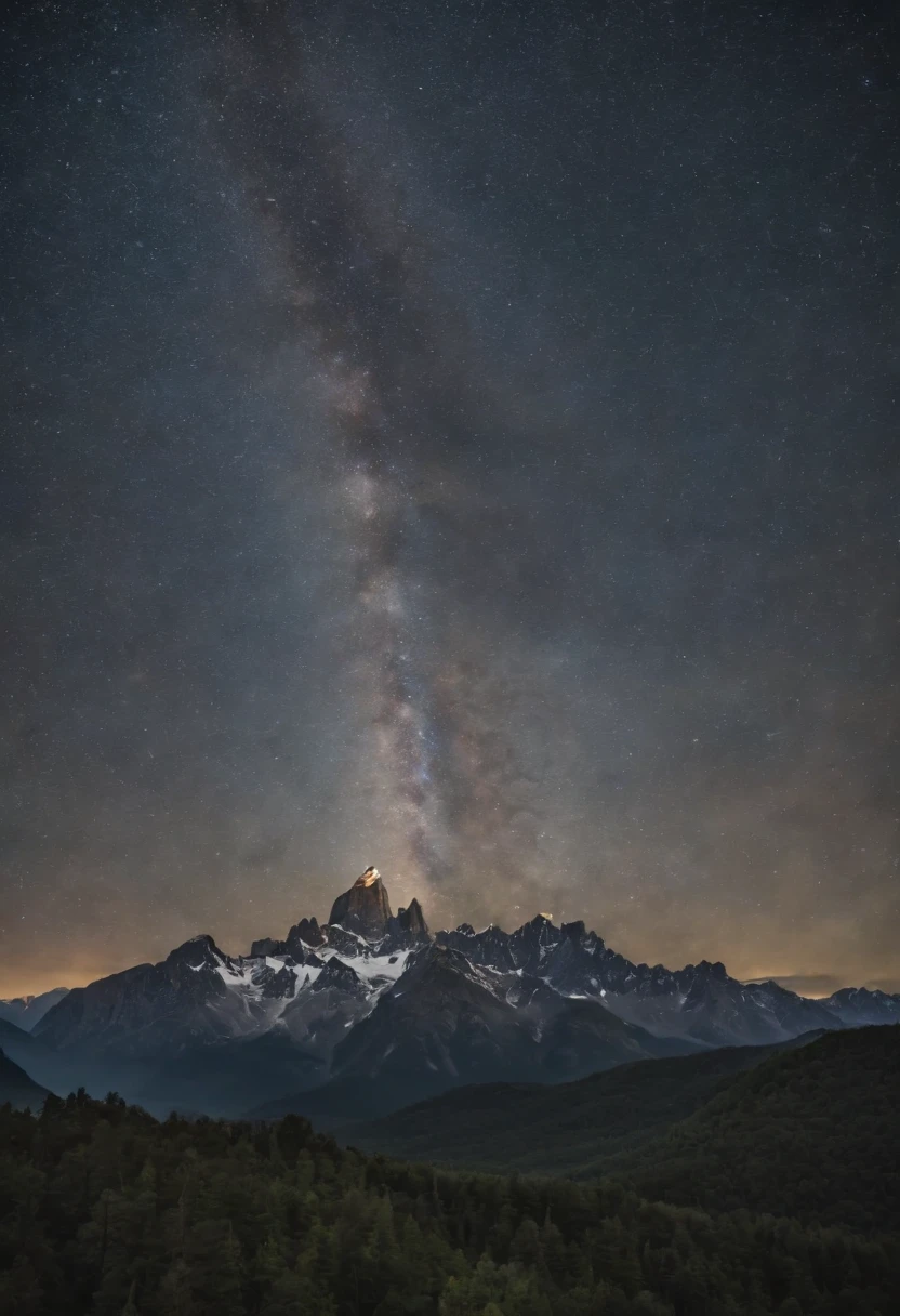 The milkyway shining over the tallest mountain peak as the last bit of sunlight dims over the furthest mountain regions, Accurate milkyway