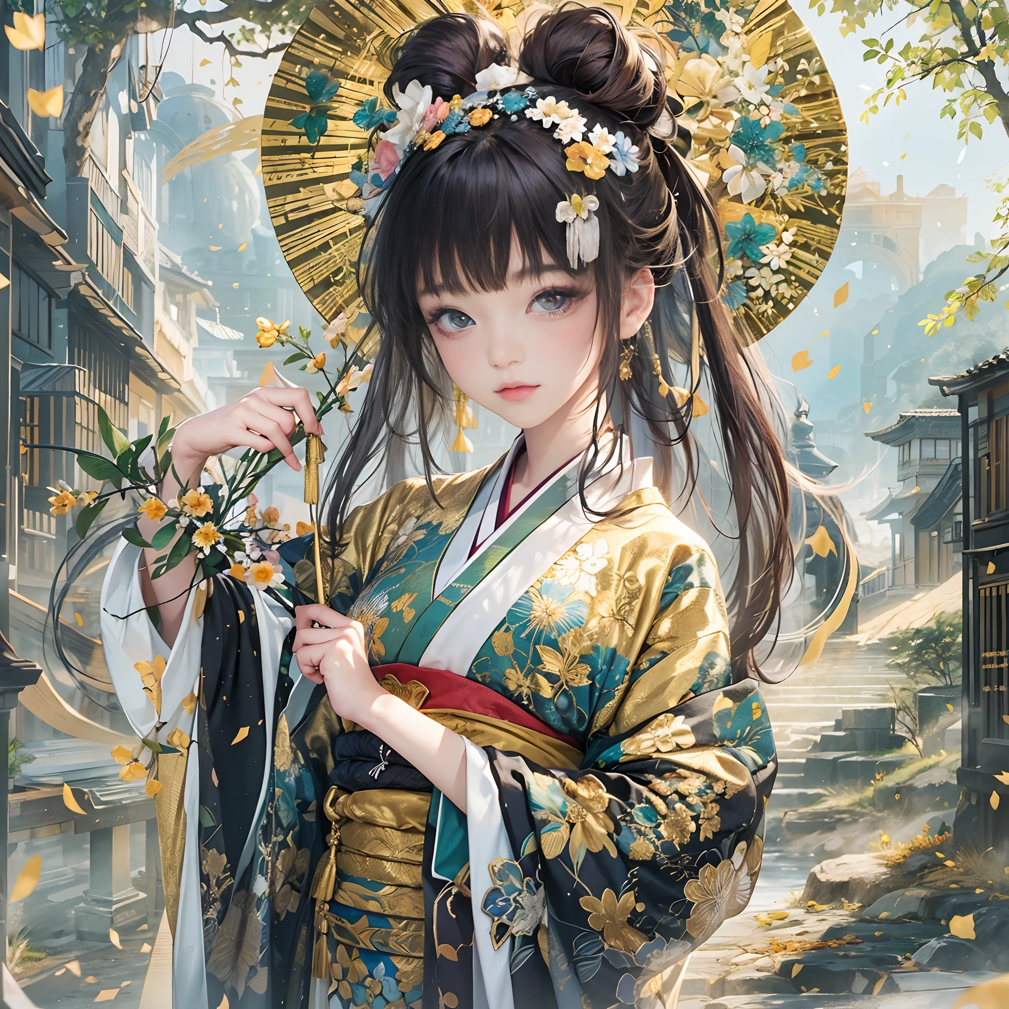 Try to give your audience a bouquet、
watching at viewers、for the background(ancient city:1.2)And the moon、((dense background))、poneyTail、Woman with shiny black hair、perfect hand、BREAK {{{Luxury kimono(Colorful kimono(Detailed golden embroidery,))}}}、face perfect,Depict a beautiful and graceful woman of Japan。poneyTail、Heart in the eye。full body Esbian。 Wallpaper 8K, .Blur the background with a sickle,((masutepiece)), ((Best Quality))