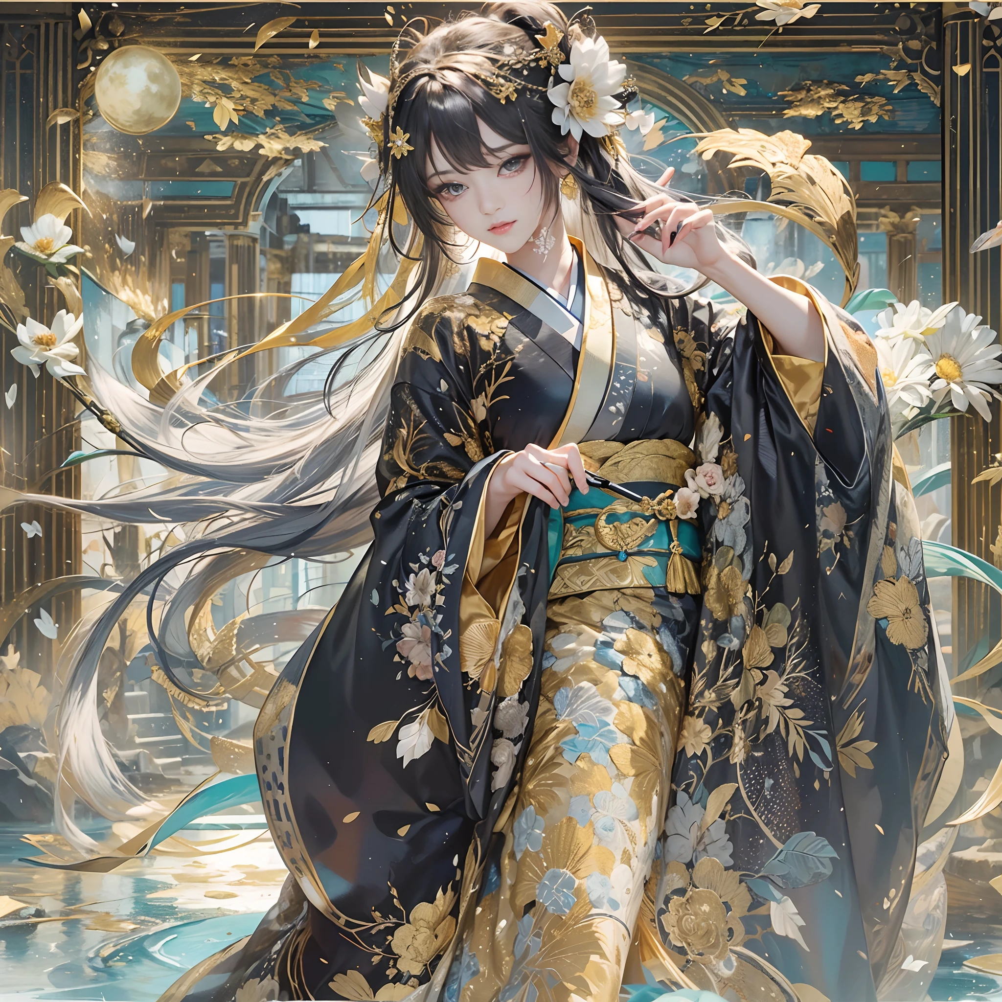 Try to give your audience a bouquet、
watching at viewers、for the background(ancient city:1.5)And the moon、(dense background:1.5)、poneyTail、Woman with shiny black hair、perfect hand、BREAK {{{Luxury kimono(Colorful kimono(Detailed golden embroidery,))}}}、face perfect,Depict a beautiful and graceful woman of Japan,poneyTail,Heart in the eye。full body Esbian。 Wallpaper 8K, .Blur the background with a sickle,((masutepiece)), ((Best Quality))