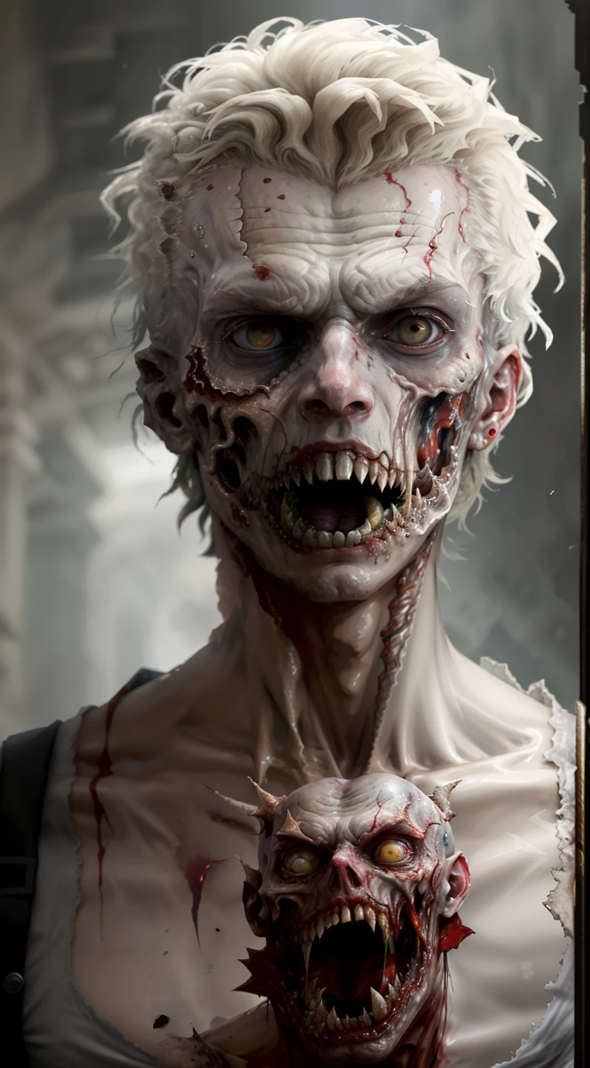 El virus finalmente comienza, consumiendo las caras del hombre, Ojos de zombi, Ropa rasgada y ensangrentada, Mirando las escenas, El estrecho y aterrador corredor desde el fondo, volumetric illumination, vida real, Granangular, Muy detallado, bajo contraste, horror