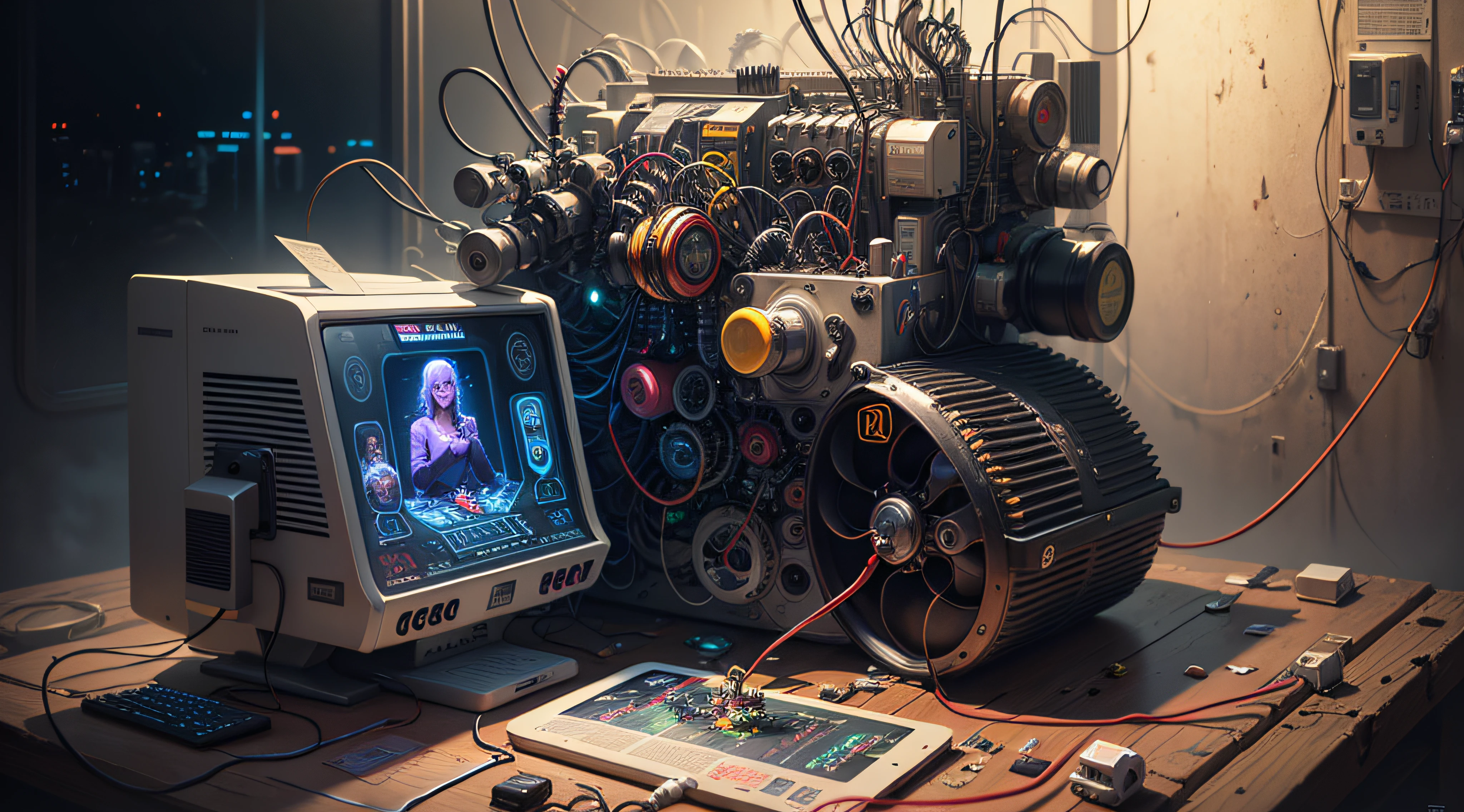 A retrofuturism scene of an arcade wired mess on macbook, mechanical delay, wiring components, ultrago austin metal wiring, iris van Buren, Karol Bak, Kiichi Obituary by Beksinski, david falls fanart gadget machine