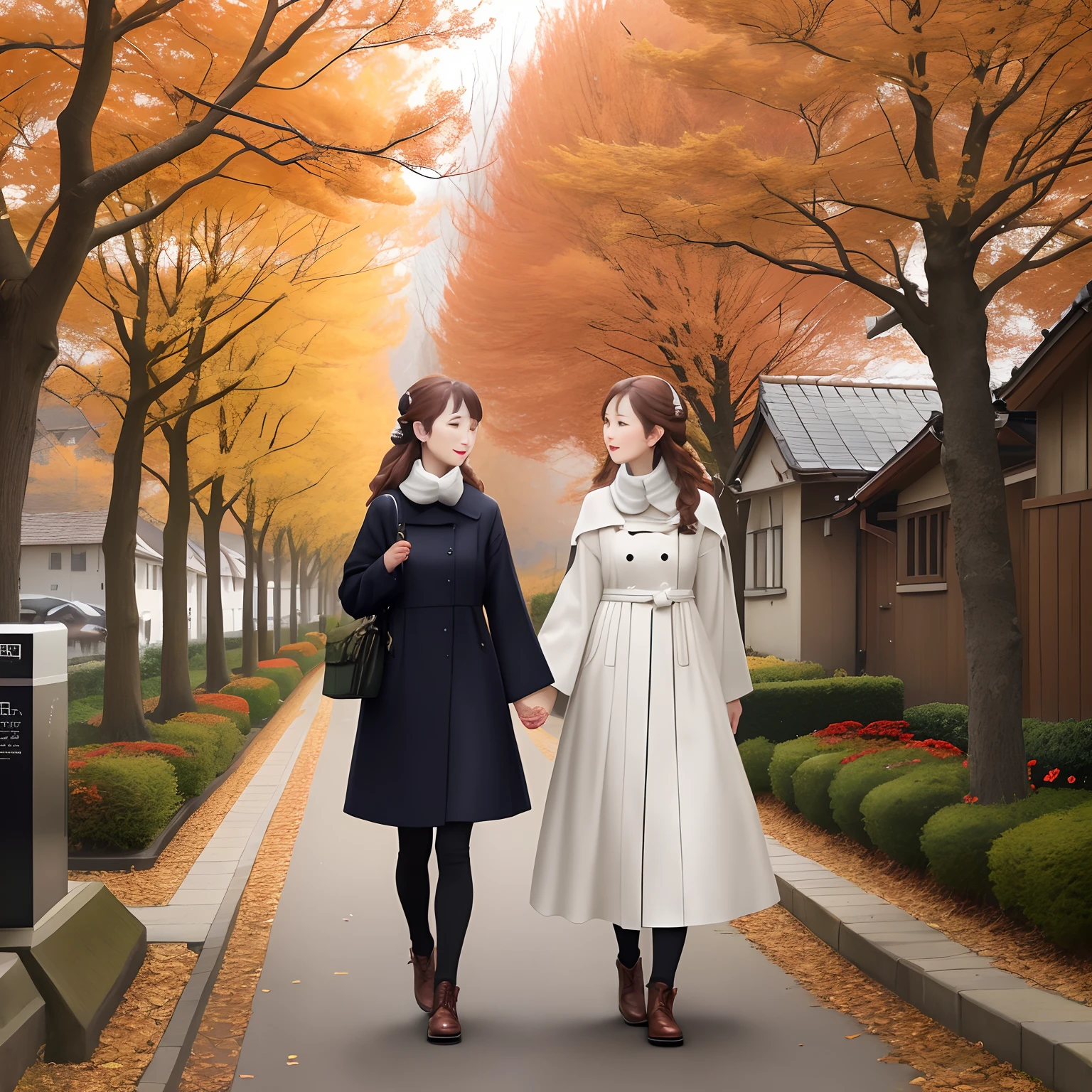 Autumn trees々and flowers、Dressed in autumn clothes、Fashionable European women、Residential area