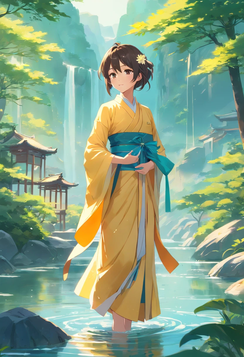 ((4K,Masterpiece,Best quality)), Shuimobysim Chinese painting, lotuses, Hanfu, maxikit, Dress conservatively 1girl, Solo, cabelos preto e longos, ssmile, standing on your feet, feet in water, The barefoot,tmasterpiece，best qualtiy，Sense of age，The paper is yellowed，Ancient wind，Single color，Beautiful and moving，Fan in hand，Birds around the shoulders，Mountains in the distance，full bodyesbian，The river flows from the hands
bright，cheerfulness，Warm soft lighting Epic fine character art，Stunning character art，The gods come，Worship of all things，Divine brilliance