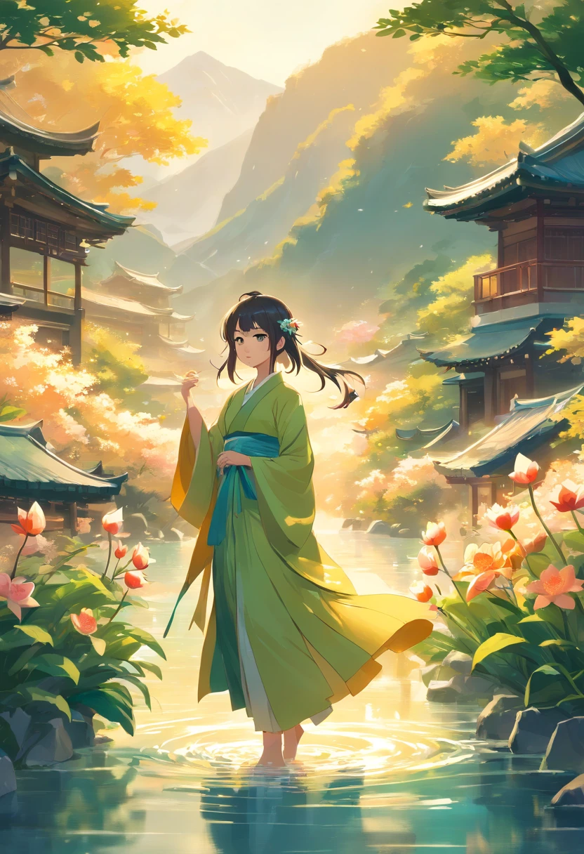 ((4K,Masterpiece,Best quality)), Shuimobysim Chinese painting, lotuses, Hanfu, maxikit, Dress conservatively 1girl, Solo, cabelos preto e longos, ssmile, standing on your feet, feet in water, The barefoot,tmasterpiece，best qualtiy，Sense of age，The paper is yellowed，Ancient wind，Single color，Beautiful and moving，Fan in hand，Birds around the shoulders，Mountains in the distance，full bodyesbian，The river flows from the hands
bright，cheerfulness，Warm soft lighting Epic fine character art，Stunning character art，The gods come，Worship of all things，Divine brilliance