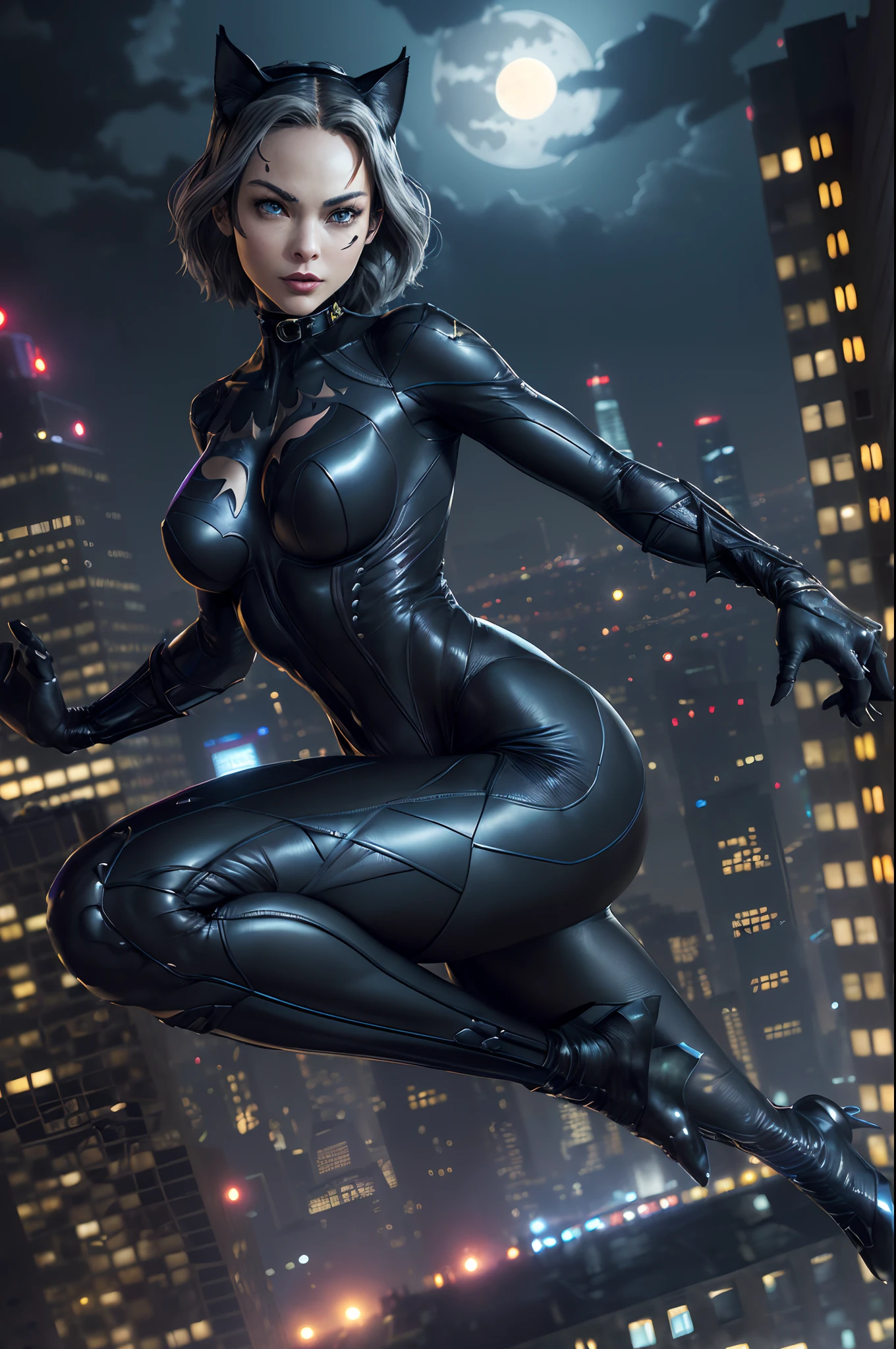 (​masterpiece、4K resolution、A hyper-realistic、ighly detailed)、(Black Superheroes theme、Charisma、There is a girl in a Catwoman costume above the town、She's a superhero)、 [((25-years old)、(Long grey hair:1.2)、full body Esbian、(blue eyess:1.2)、((Catwoman Pose)、show of strength、Jump from one building to another)、((Sandy urban environment):0.8)|(A city scape、natta、Dinamic Light)、(fullmoon)]#illustrate:Prompts are mainly ultra high definition、very real、Describes highly detailed 4K paintings。A superheroine in a Catwoman costume is depicted at the top of the city。The photo theme is a black superhero theme。