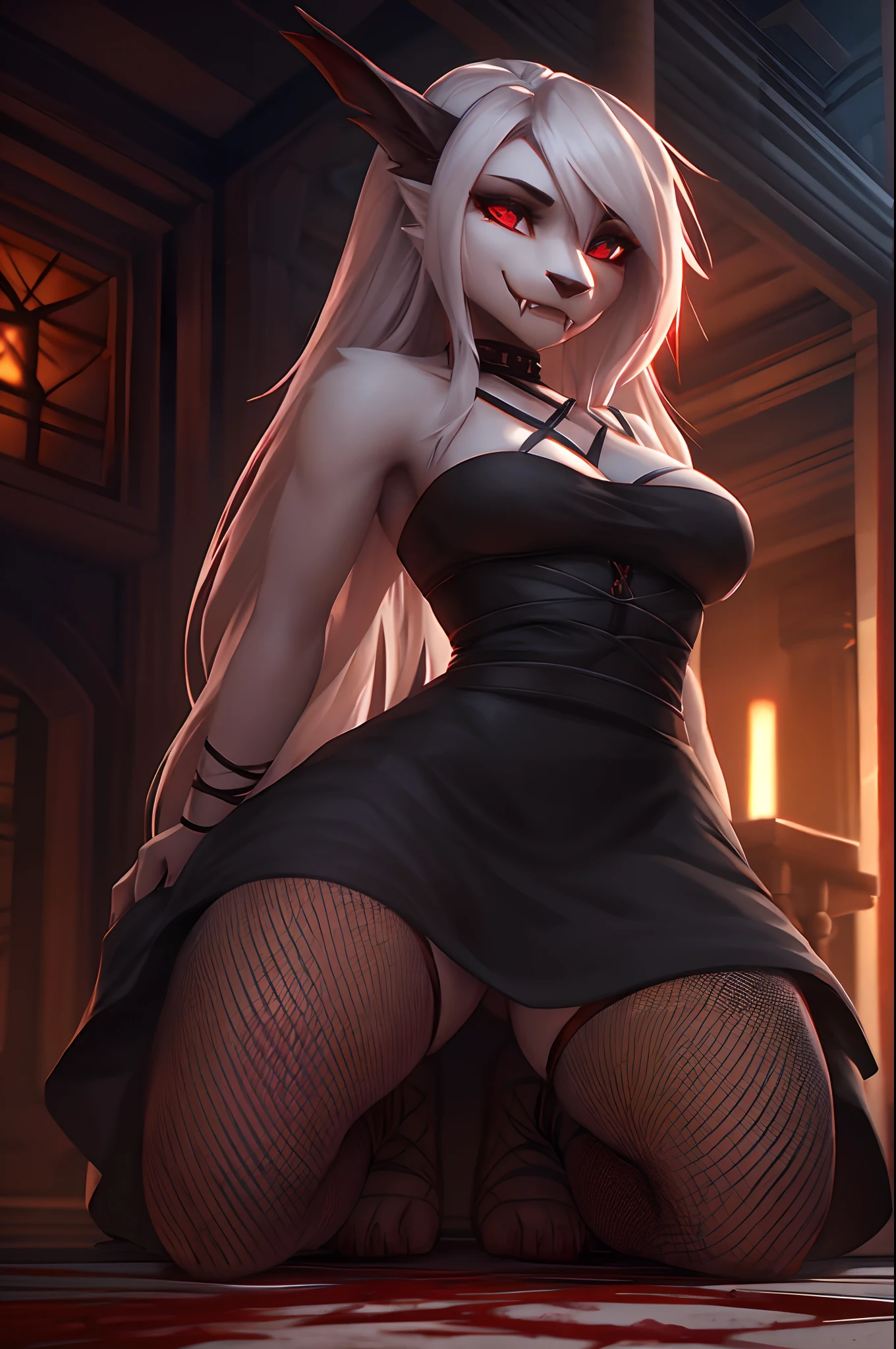 Vampire woman, vampire fangs, (blood on her chin), (white hair), (thick dress), (master piece), (on her knees), (bareback), (long hair), perfect body, (fishnets:1.3), (ultra realistic eyes), (detailed face), DSLR photography, sharp focus, Unreal Engine 5, Octane Render, Redshift, (cinematic lighting), 8K, RAW, unedited, symmetrical balance, in-frame, symmetrical face, symmetrical body, symmetric hands.