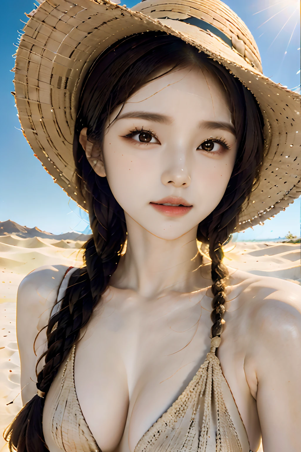 top-quality、masutepiece、8ｋ、独奏、Braids、a straw fedora hat、Close up portrait of woman in robes standing on desert sand dunes、lensflare、sandal、Blurry background,Very attractive、超A high resolution、A hyper-realistic、high-detail、the golden ratio、the golden ratio、the golden ratio、Beauty、Beauty、Beauty
