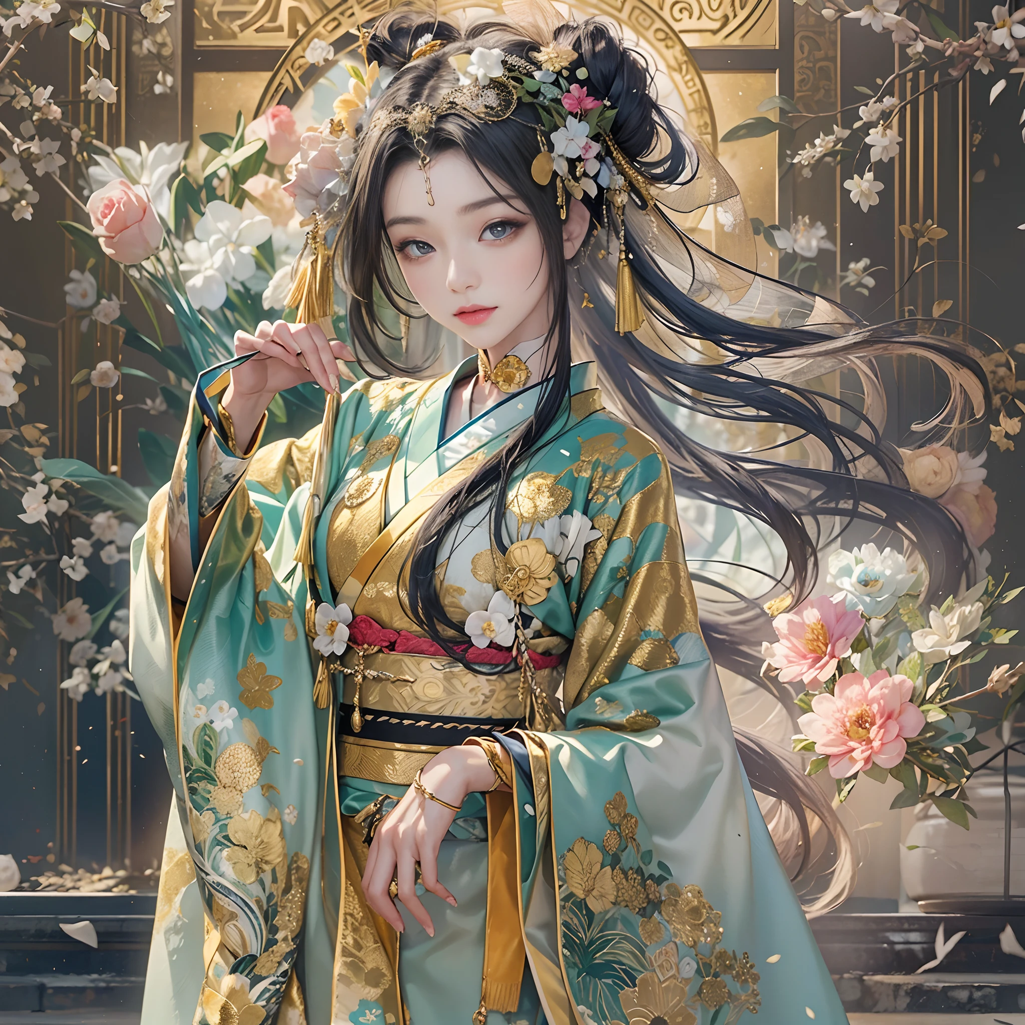 Try to give your audience a bouquet、
watching at viewers、for the background(ancient city:1.5)And the moon、(dense background:1.5)、poneyTail、Woman with shiny black hair、perfect hand、BREAK {{{Luxury kimono(Colorful kimono(Detailed golden embroidery,))}}}、face perfect,Depict a beautiful and graceful woman of Japan,poneyTail,Heart in the eye。full body Esbian。 Wallpaper 8K, .Blur the background with a sickle,((masutepiece)), ((Best Quality))