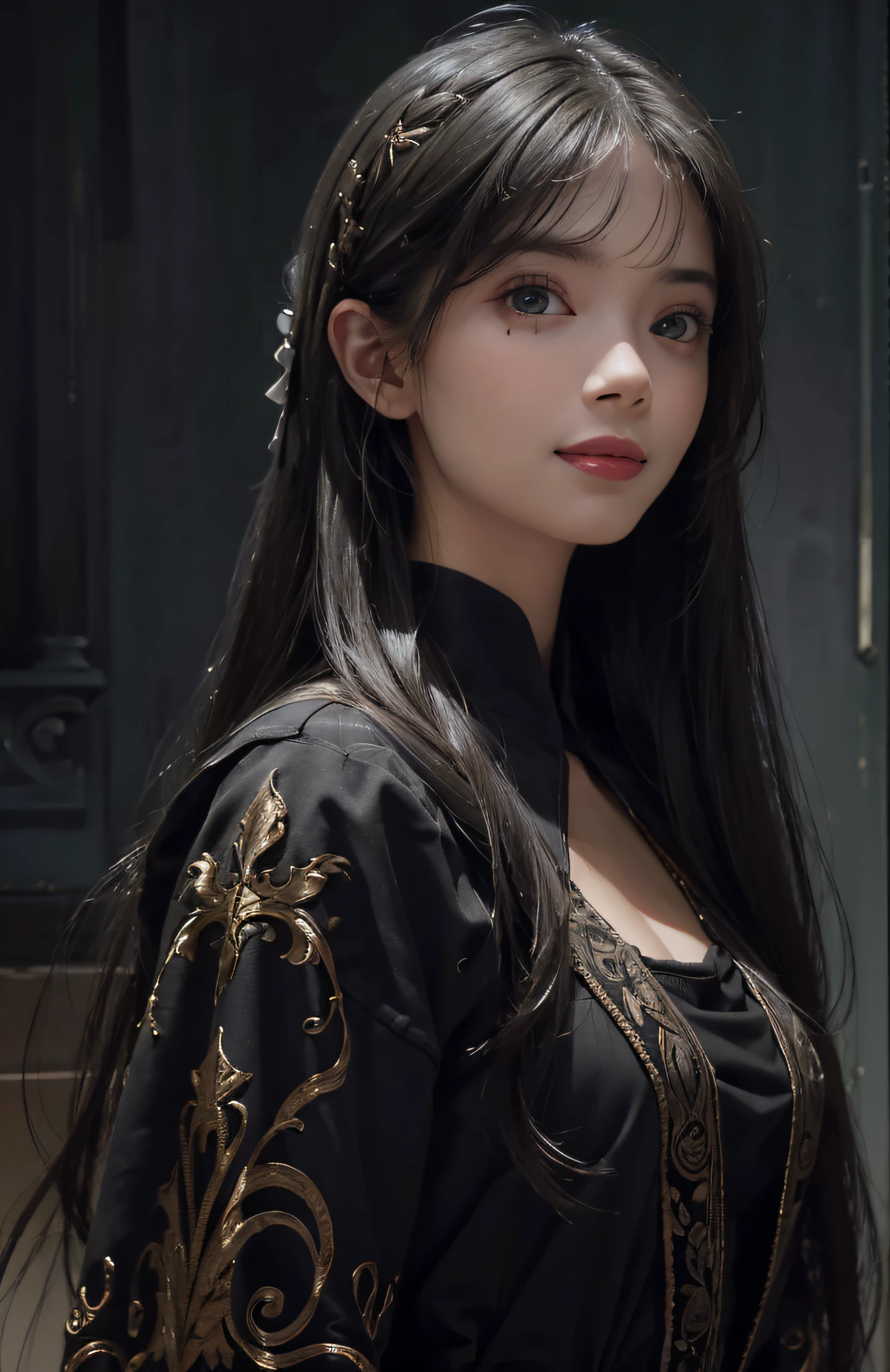 (Ultra Realistic), (Illustration), (Increased Resolution), (8K), (Extremely Detailed), (Best Illustration), (Beautiful and Detailed Eyes), (Best Quality), (Ultra Detailed), (Masterpiece ), ( wallpaper), (detailed face), solo, 1 girl, looking at viewer, fine details, detailed face, in the dark, deep shadows, low key, pureerosfaceace_v1, smiling, long hair, black shawl straight hair , 46 points oblique bangs