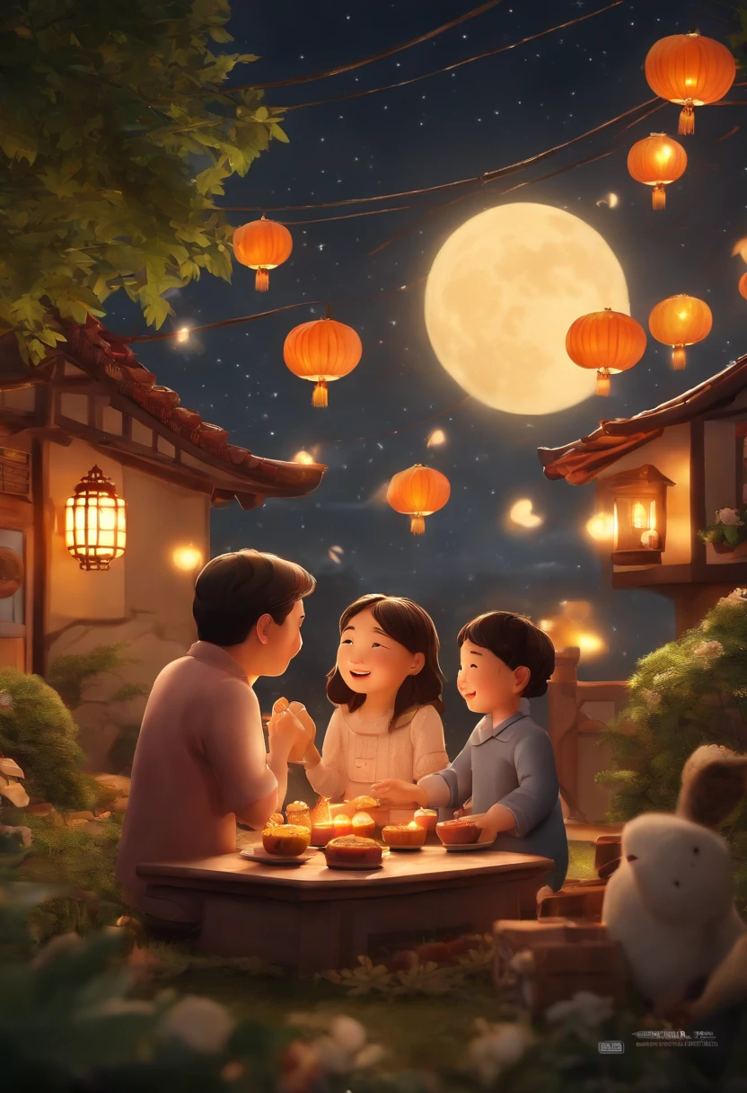 (top-quality、8K、tmasterpiece:1.3)、Full moon and stars in sky illustration，The family sits together eating mooncakes,Mom and dad laugh with the kids，Have in the living room、Bright house scene，extremely detailed face and skin，Heartwarming scene，perfect  detail