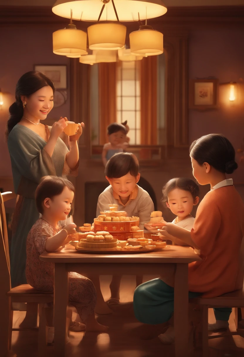 (top-quality、8K、tmasterpiece:1.3)、Full moon and stars in sky illustration，The family sits together eating mooncakes,Mom and dad laugh with the kids，Have in the living room、Bright house scene，extremely detailed face and skin，Heartwarming scene，perfect  detail