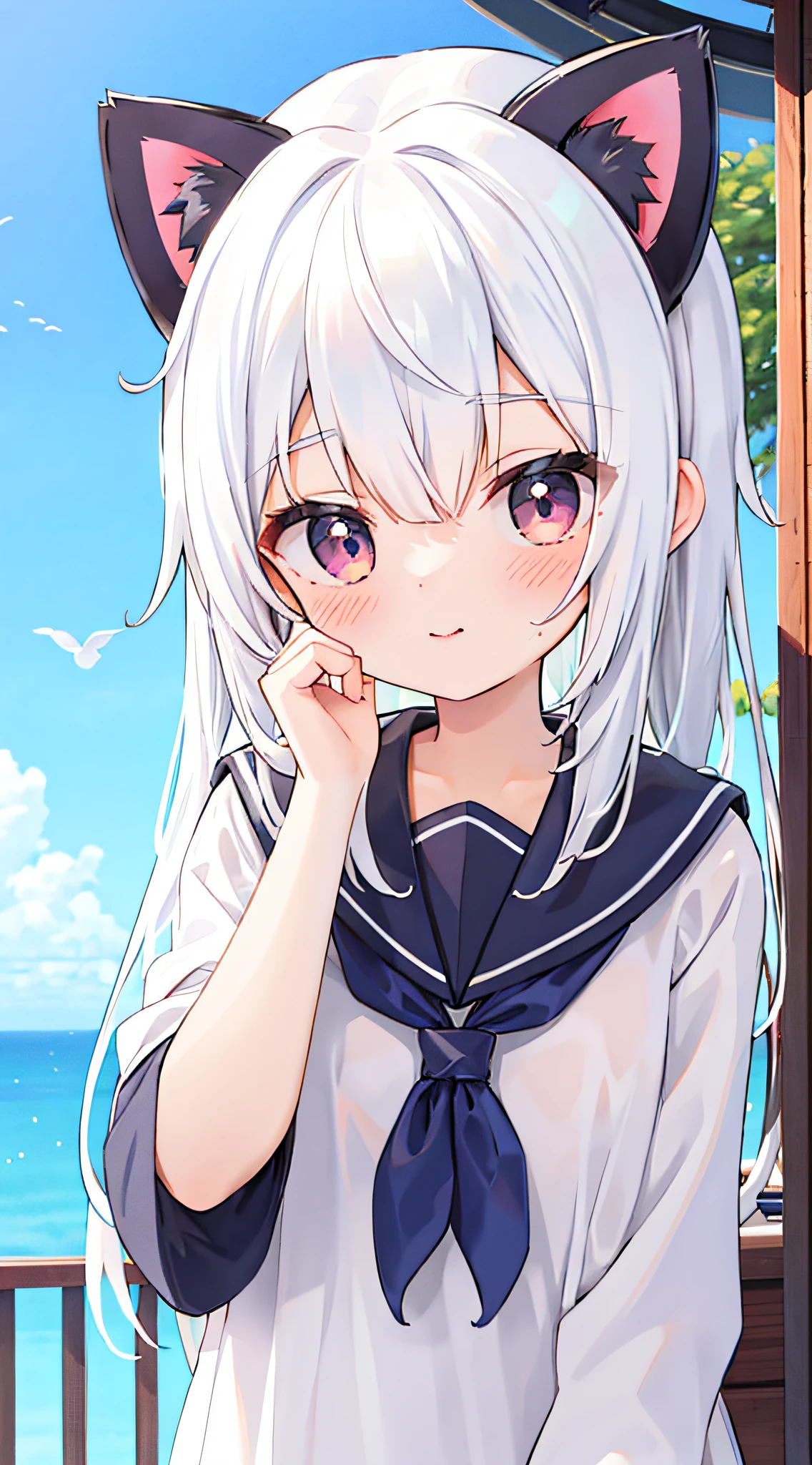 tmasterpiece,best qualityer,Cat-eared girl with white hair,Straight ahead,Viewer's POV,hands out,adolable,sailor outfit,校服