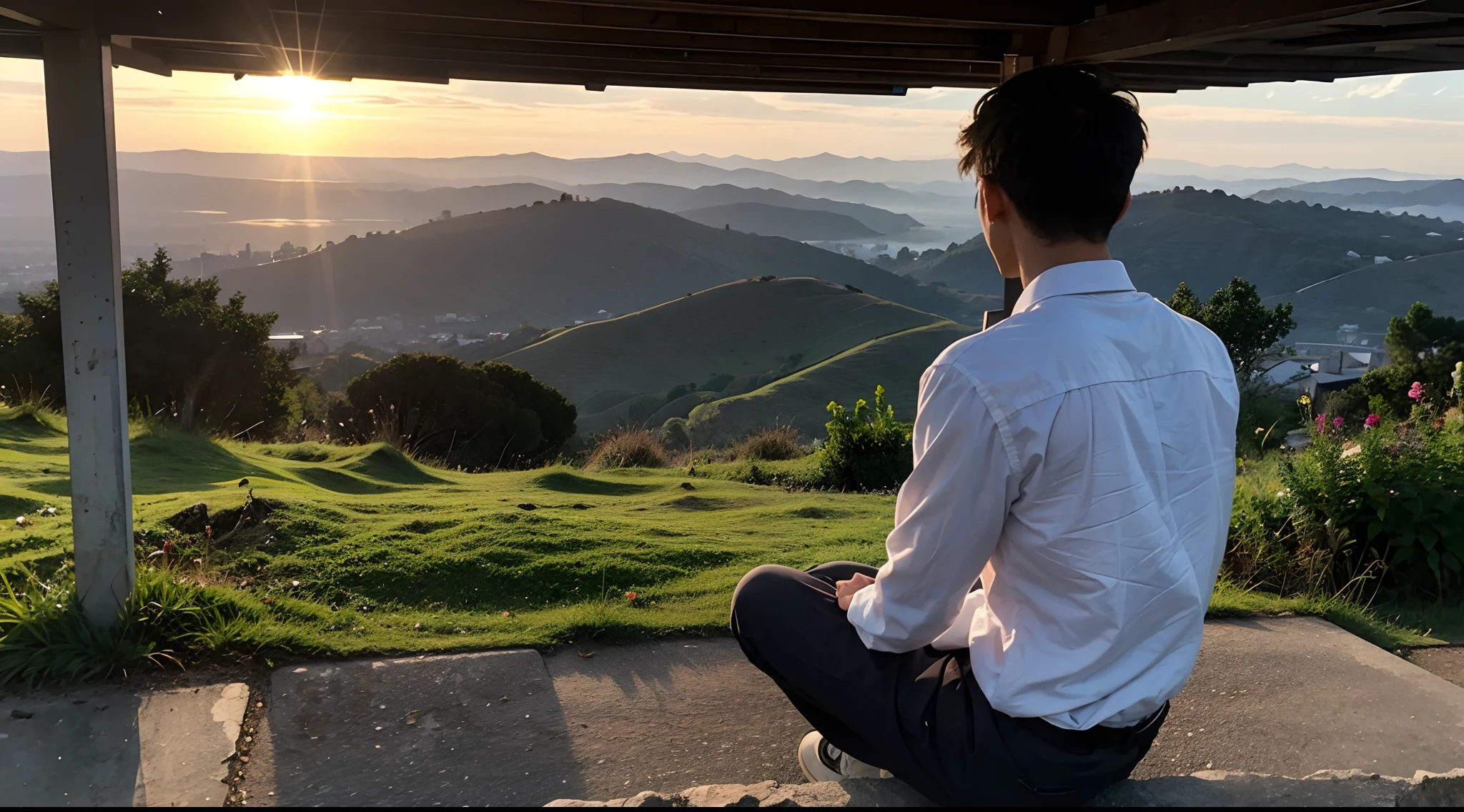 The back of an Asian boy with short hair，High-end clothes，Can't see the face，sitting at the edge of a cliff，Looking at the setting sun in the distance，photorealestic，super wide shot，The overall feeling is very sad，Photo texture，Movie chasing light，The skin texture is clear，The texture of the clothes is obvious，Surrealist depiction