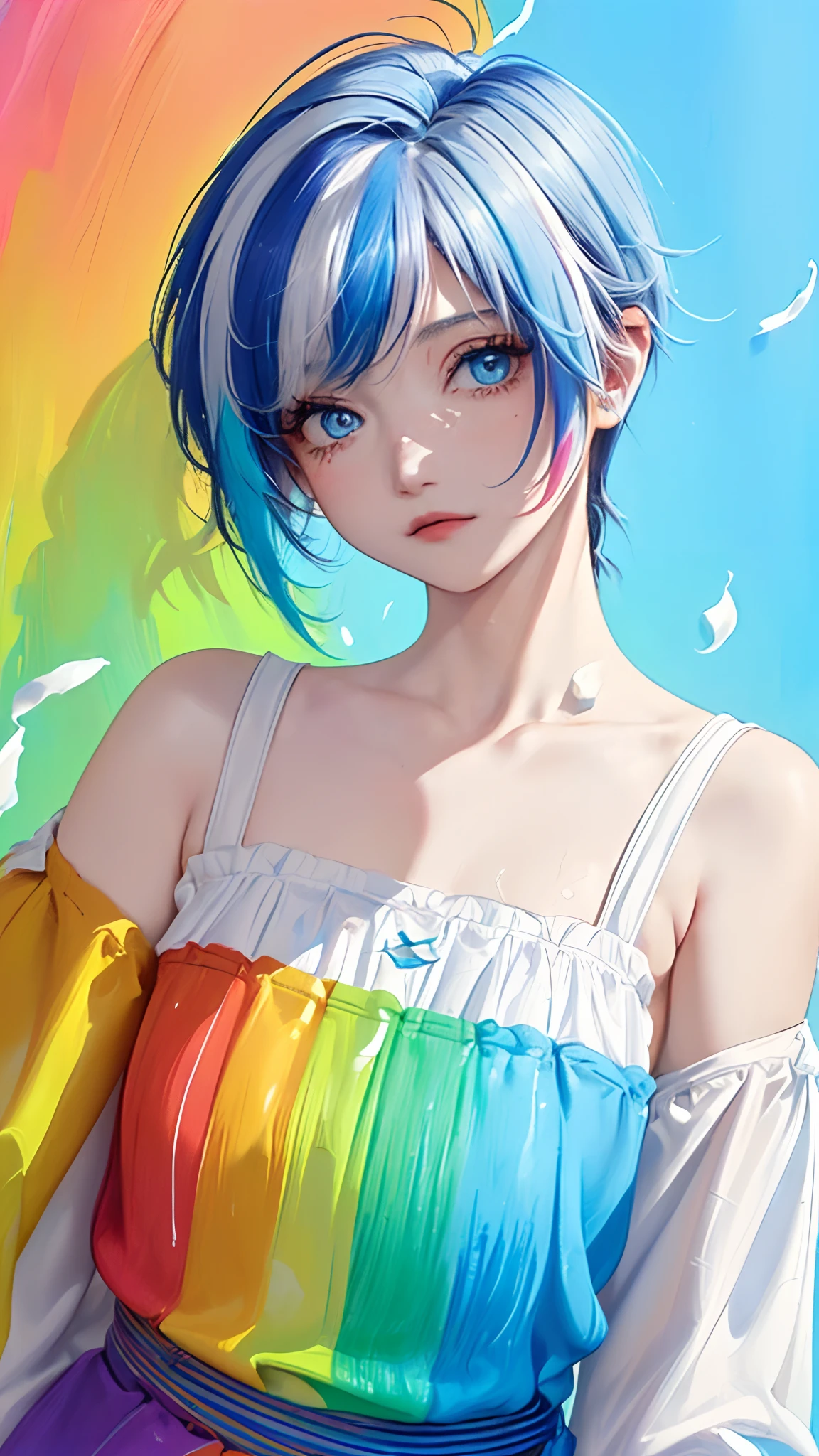 (Pink Fashion T-shirt:1.9),(Colorful hair: 1.8), (all the colours of the rainbow: 1.8),(((((vertical painting:1.6))), (painting:1.6),front, comics, illustrations, paintings, large eyes, crystal clear eyes,( rainbow color gradient high ponytail:1.7), exquisite makeup, closed mouth,(Small Fresh: 1.5),(Wipe Chest: 1.6) ,long eyelashes, white off shoulder T-shirt, White Shoulder Shirt,looking at the audience, large watery eyes, (rainbow colored hair:1.6), color splash, (solo:1.8), color splash, color explosion, thick paint style, messy lines, ((shining)),(colorful), (colorful), (colorful), colorful, Thick Paint Style, (Splash) (Color Splash), Vertical Painting, Upper Body, Paint Splash, Acrylic Pigment, Gradient, Paint, Highest Image Quality, Highest Quality, Masterpiece, Solo, Depth of Field, Face Paint, colorful clothes, (Elegant: 1.2), gorgeous,long hair, wind, (Elegant: 1.3), (Petals: 1.4),(((masterpiece))),(((best quality))),((ultra-detailed)),(illustration),(dynamic angle),((floating)),(paint),((disheveled hair)),(solo),(1girl) , (((detailed anima face))),((beautiful detailed face)),collar,bare shoulders,white hair, ((colorful hair)),((streaked hair)),beautiful detailed eyes,(Gradient color eyes),(((colorful eyes))),(((colorful background))),(((high saturation))),(((surrounded by colorful splashes))),