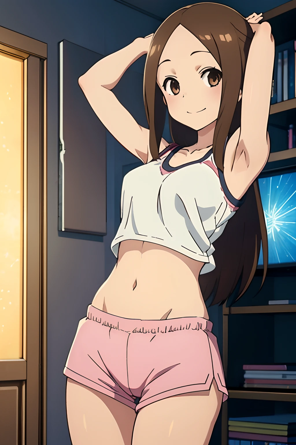 (Realistic),(Photorealistic),Takagi_San, 1girl in, Height 155 cm,Long hair, Brown hair, Part bangs, Brown eyes,White crop top,large full breasts,(exposed abdomen),Pink Training Shorts,Black sneakers,Forehead,Smile, Looking at Viewer,masutepiece,Big ass,Full body, Best Quality, volumatic light, Ray tracing,the Extremely Detailed CG Unity 8K Wallpapers,Smile,The background is a dance studio, light, Fantasia,magic sparks,