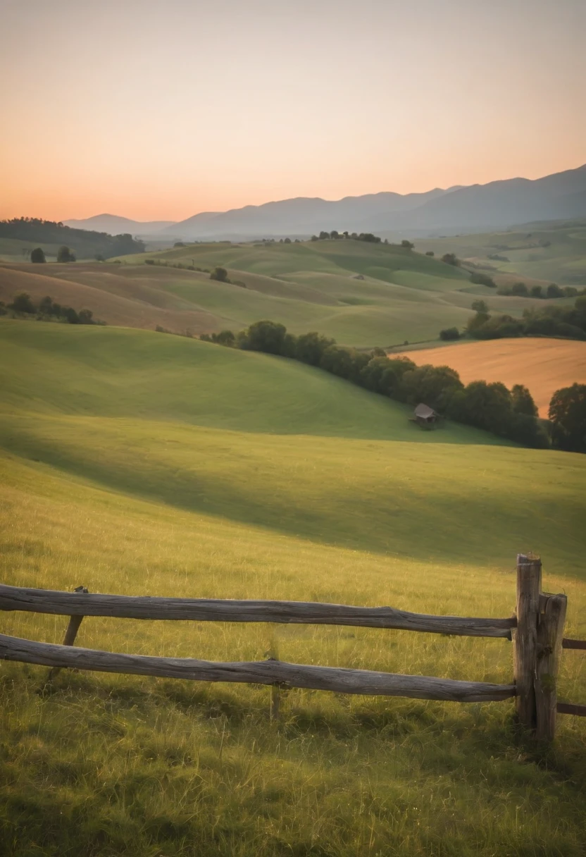 A farmers field on rolling hills in a valley surounded by mountains, sun setting in the distance, an old wooden fence acting as leading line towards a red barn in the distance, 8k, micro-details, photorealism, photorealistic, cinematic light