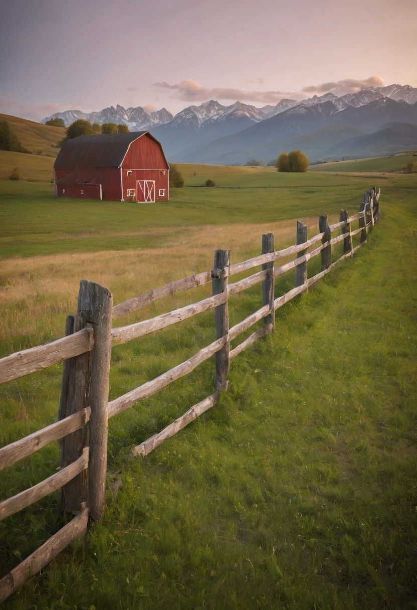 A farmers field on rolling hills in a valley surounded by mountains, sun setting in the distance, an old wooden fence acting as leading line towards a red barn in the distance, 8k, micro-details, photorealism, photorealistic, cinematic light