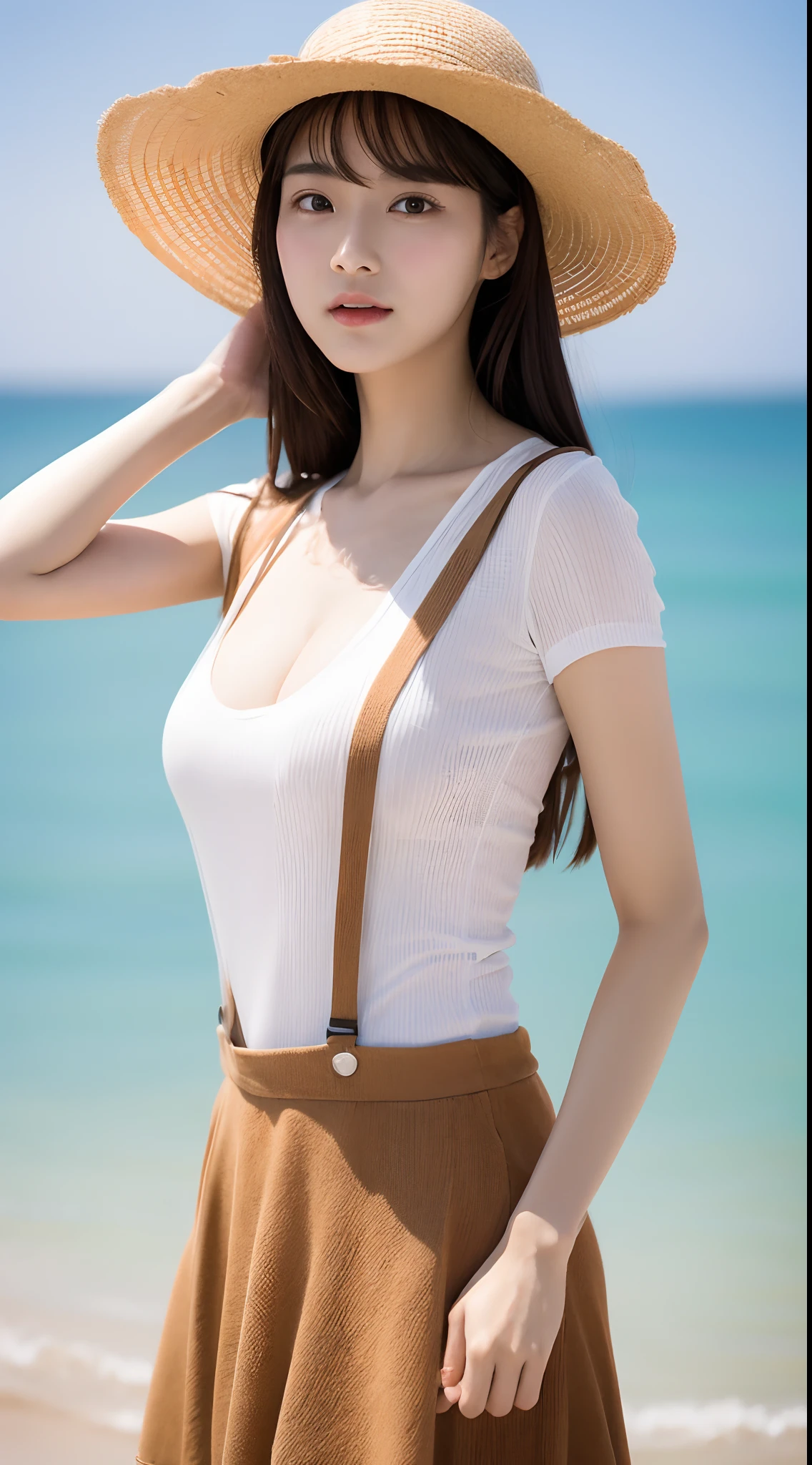 Realistic photo of 1 cute Korean actress, Long hair.Wearing a straw hat,Take photos at the beach， thin makeup, Bust size 35 inches, Wear a suspender, short  skirt, Upper body portrait, Fuji Film, hyper HD