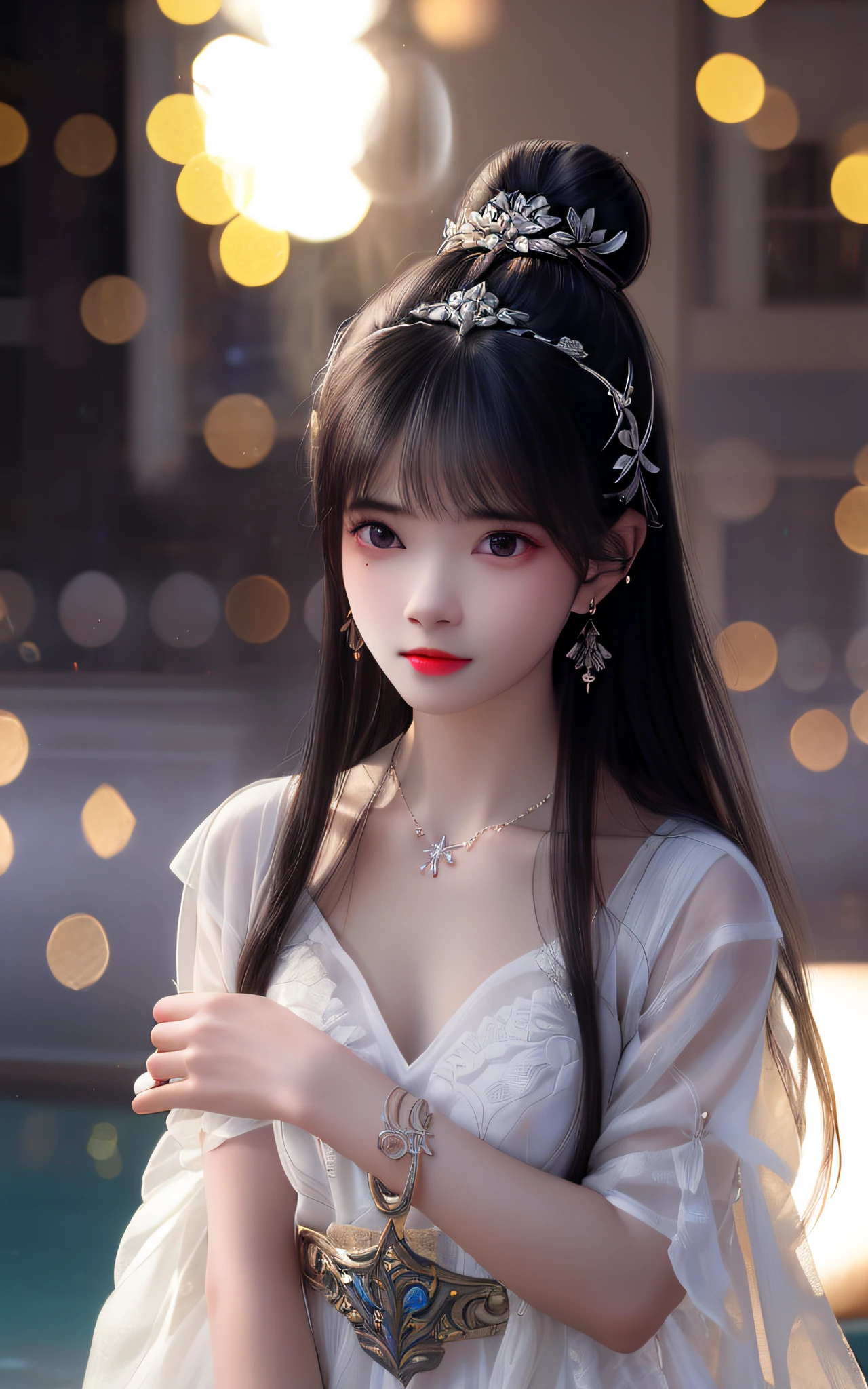 best quality,masterpiece,highres,cg,
1girl,weapon,sword,long hair,dress,water,solo,jewelry,white dress,earrings,hair ornament,splashing,upper body,hair bun,black hair,
lighting,candid,Photograph,high resolution,4k,8k,Bokeh,