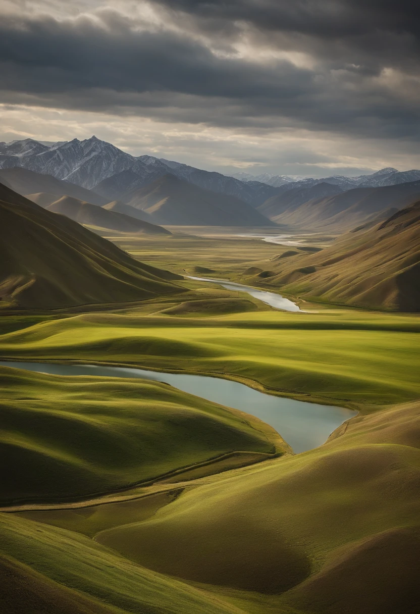 Aalfid view of the valley,A river runs through it, a matte painting by Alexander Runciman, shutter inventory, Process art, film Silk Road landscape, Stunning landscape, breathtaking landscape, Majestic nature, Mongolia, Landscape scenery, amazing landscape in background, Detailed scenery —width 672, grass mountain landscape, natural landscape beauty, beautifully lit landscape