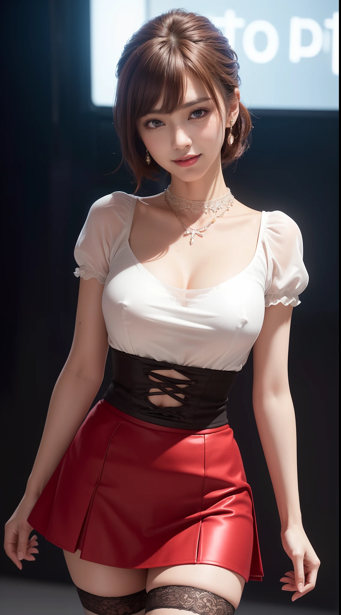 8k, masterpiece, RAW photo, best quality, photorealistic, extremely detailed CG unity 8k wallpaper, Depth of field, Cinematic Light, Lens Flare, Ray tracing, (extremely beautiful face, beautiful lips, beautiful eyes), intricate detail face, ((ultra detailed skin)) 1girl, in the dark, deep shadow, pretty Asian girl, idol, 1 girl, (very slim slender fit-muscled body:1.3), ((looking at viewer)),(big smile:1.3), (tight laced blouse), ((white color blouse)), (short sleeve) , (city night, dark night, (neon sign), (blurred background), dim lights, cityscape, rooftops, beautiful earrings, bracelets, necklace, pantyhose, clear eyes, (pale skin), (big eyes), face forward, ((full body shot)), (silk red color skirt), (brown hairs),((laced skirt)), (looking at viewer:1.3), open breast, (very slim), medium breasts,((flooming laced)), updo hair, mini skirt, short hair, (laced black stockings), wet streets, high heels