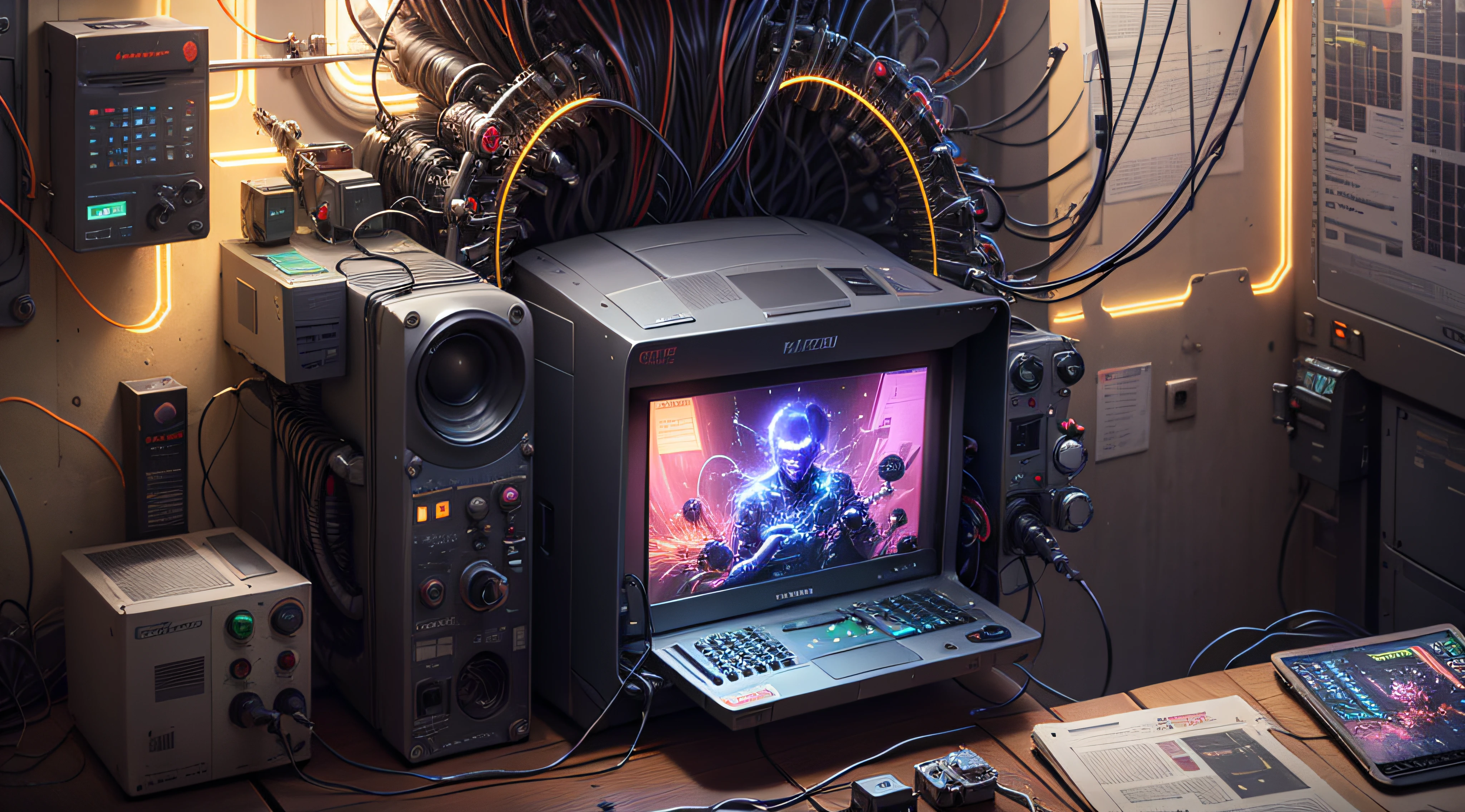 A retrofuturism scene of an arcade wired mess on macbook, mechanical delay, wiring components, ultrago austin metal wiring, iris van Buren, Karol Bak, Kiichi Obituary by Beksinski, david falls fanart gadget machine