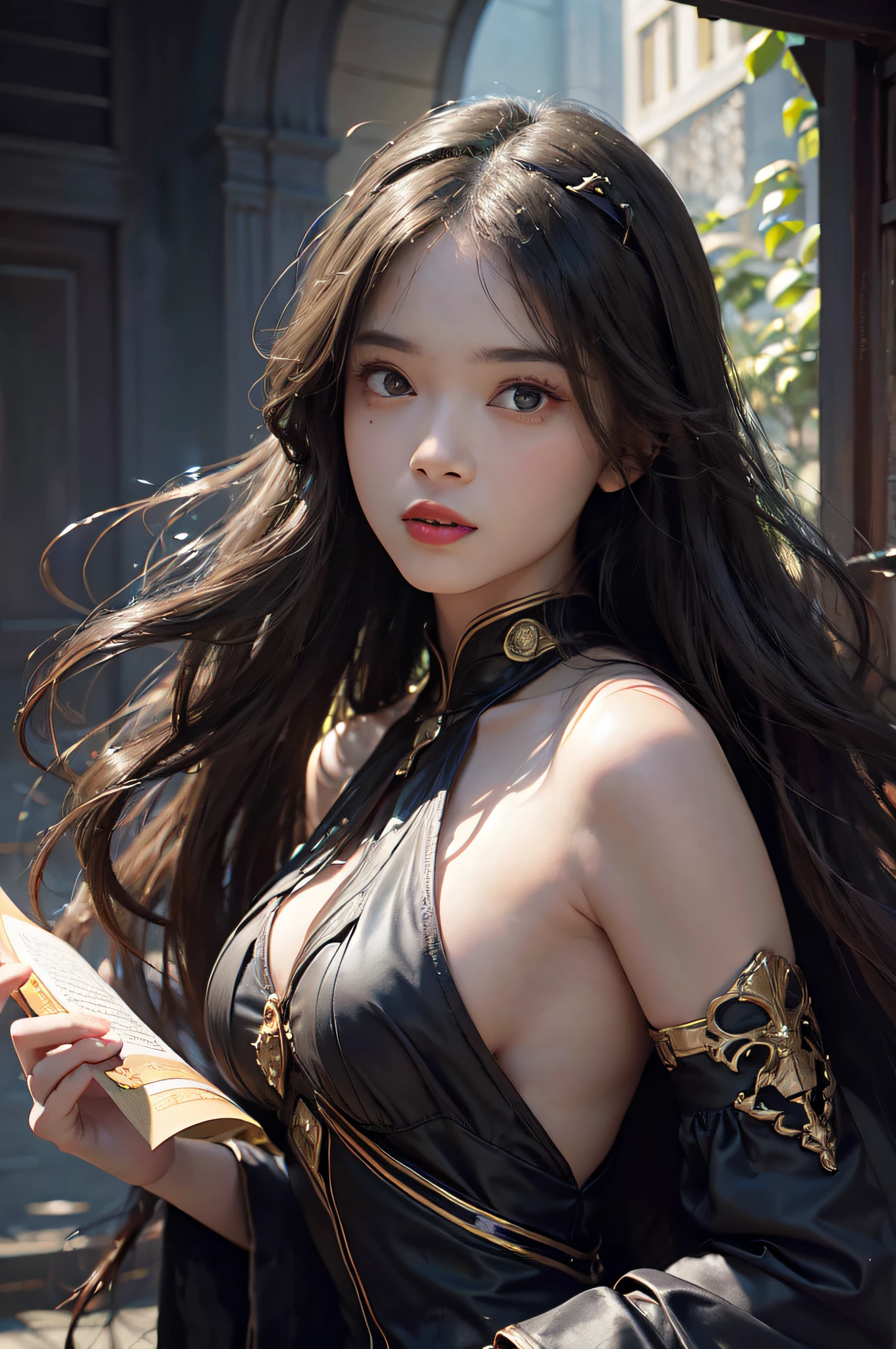 (Front focus)、(dark: 1.6)、Hyperrealist female portrait by Alphonse Mucha、Fantasy Art、photoRealstic、Dynamic Lighting、art  stations、poster for、Volume Lighting、extra detailed face、4 K、Award-winning、 女の子1人、up of face、Beautiful white face、big eye、tiny chest、slenderbody、in the darkness nigth、deep-shadows、lowkey、cowboy  shot、Long chestnut hair swaying in the wind、