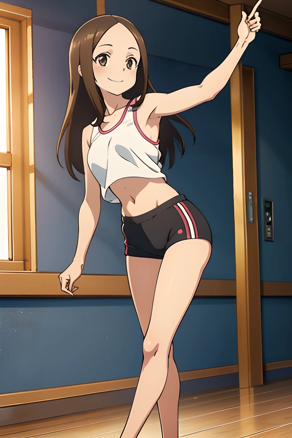 (Realistic),(Photorealistic),Takagi_San, 1girl in, Height 155 cm,Long hair, Brown hair, Part bangs, Brown eyes,White crop top,large full breasts,（exposed abdomen）,Pink Training Shorts,Black sneakers,Forehead,Smile, Looking at Viewer,masutepiece,Big ass,Full body, Best Quality, volumatic light, Ray tracing,the Extremely Detailed CG Unity 8K Wallpapers,Smile,The background is a dance studio, light, Fantasia,magic sparks,