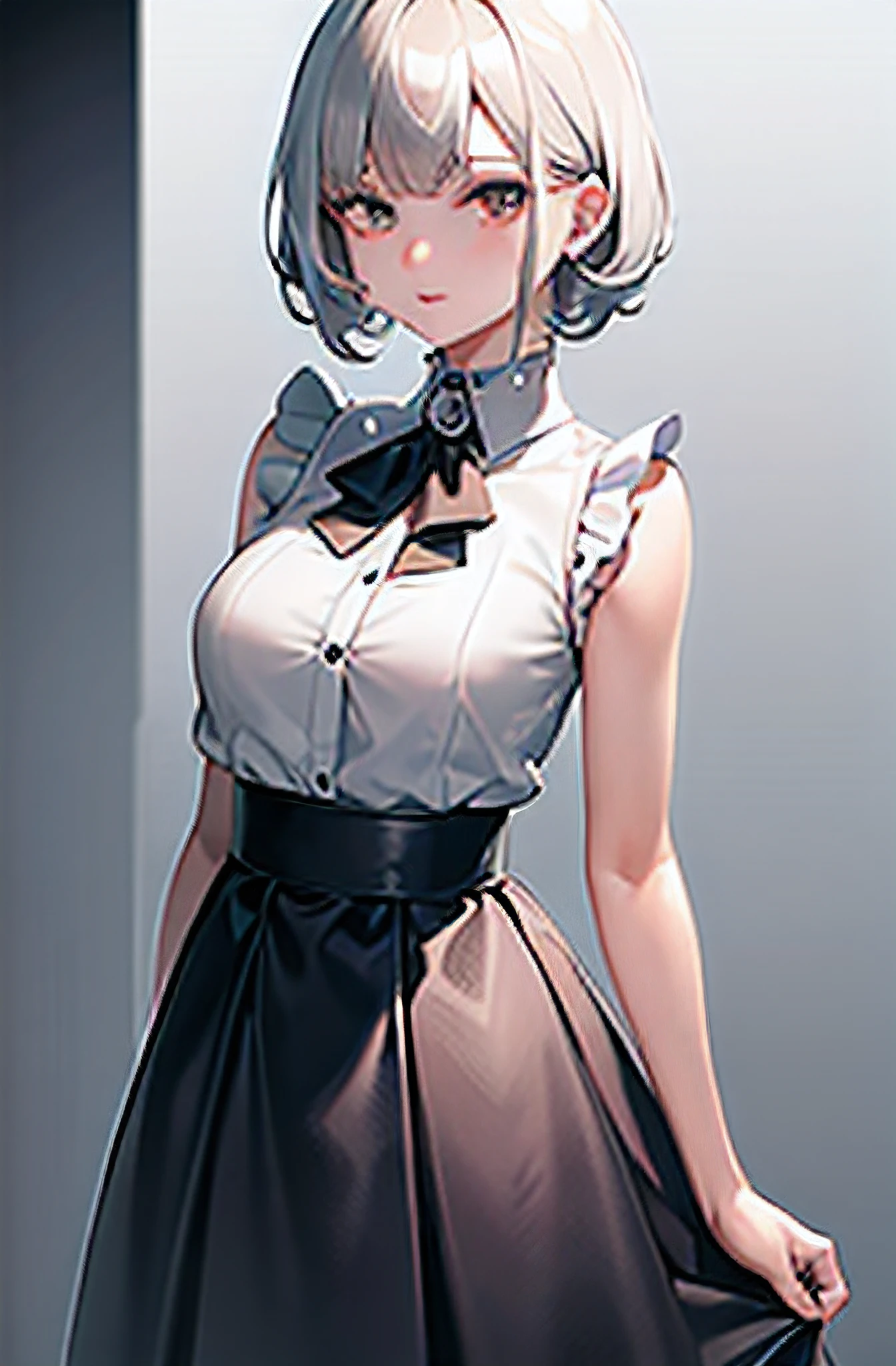 best quality, ultra high res, 1girl, sleeveless white button shirt, black skirt, black choker, cute, (Kpop idol), (aegyo sal:1), (platinum blonde hair:1), ((puffy eyes)), looking at viewer, full body, facing front