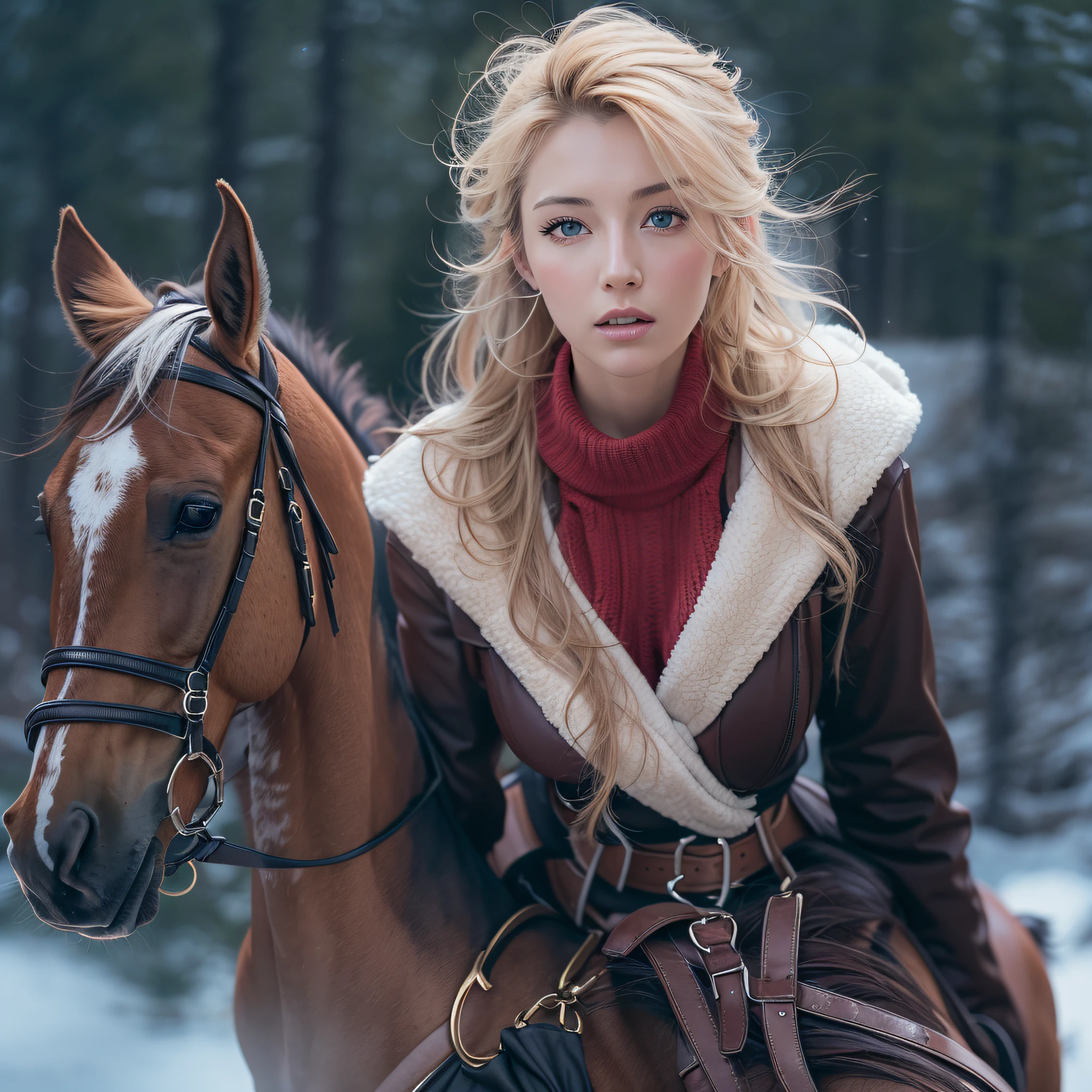 Masterpiece, RAW photo,high resolution,best quality,high definition, perfect composition, perfect face, perfect body, 16K,Cinematic lighting,During horseback riding,Hakuba,Beautiful Russian woman,a blond,navel,Princess,huge-breasted,pale skin,Floating hair,Dynamic Pose,