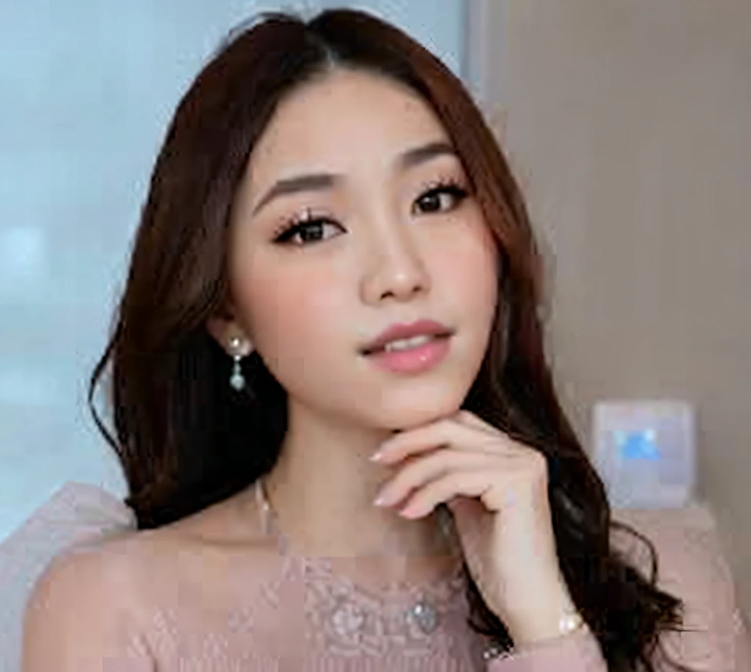a close up of a woman in a pink dress posing for a picture, south east asian with round face, popular south korean makeup, with professional makeup, popular korean makeup, beautiful south korean woman, cindy avelino, ruan jia beautiful!, her skin is light brown, south east asian with long, an asian woman, with very thin lips