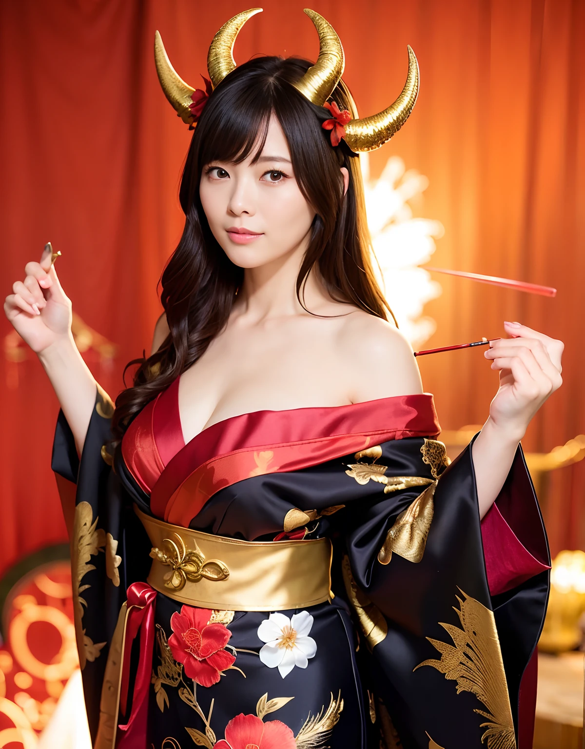 ((World of Darkness)),Professional , masterpiece、top-quality、photos realistic , depth of fields 、(sexypose)、(Background of cherry blossoms in full bloom),(Ultimate Beauty)、A dark-haired、(shrine background)、(Kimono with beautiful pattern)、(Night background)、((Precipitous cliffs)),(Wear a beautiful kimono),(Wear a beautiful kimono with colorful floral patterns)、Jewel Gold Weapon、Particles of light),(Wearing a wizard's hat)、Gorgeous gold weapons ,Castle background、(( Gorgeous Dragon Sword)) , (a dark night),,(maikurobikini) 、((Black Haired Beautiful Girl))、(Castle background)、(demonic wings)、((Gangle's forest background))、Beautiful Caucasian beauty、1a person、dynamic ungle,(((Two devil's horns on the head)))、Smaller head、Idle Smile、Thin and beautiful female hands、Mystical expression、Light Effects、intense fighting、Wind-effect、magic circles、With the legendary magic wand、Dragon's tail、