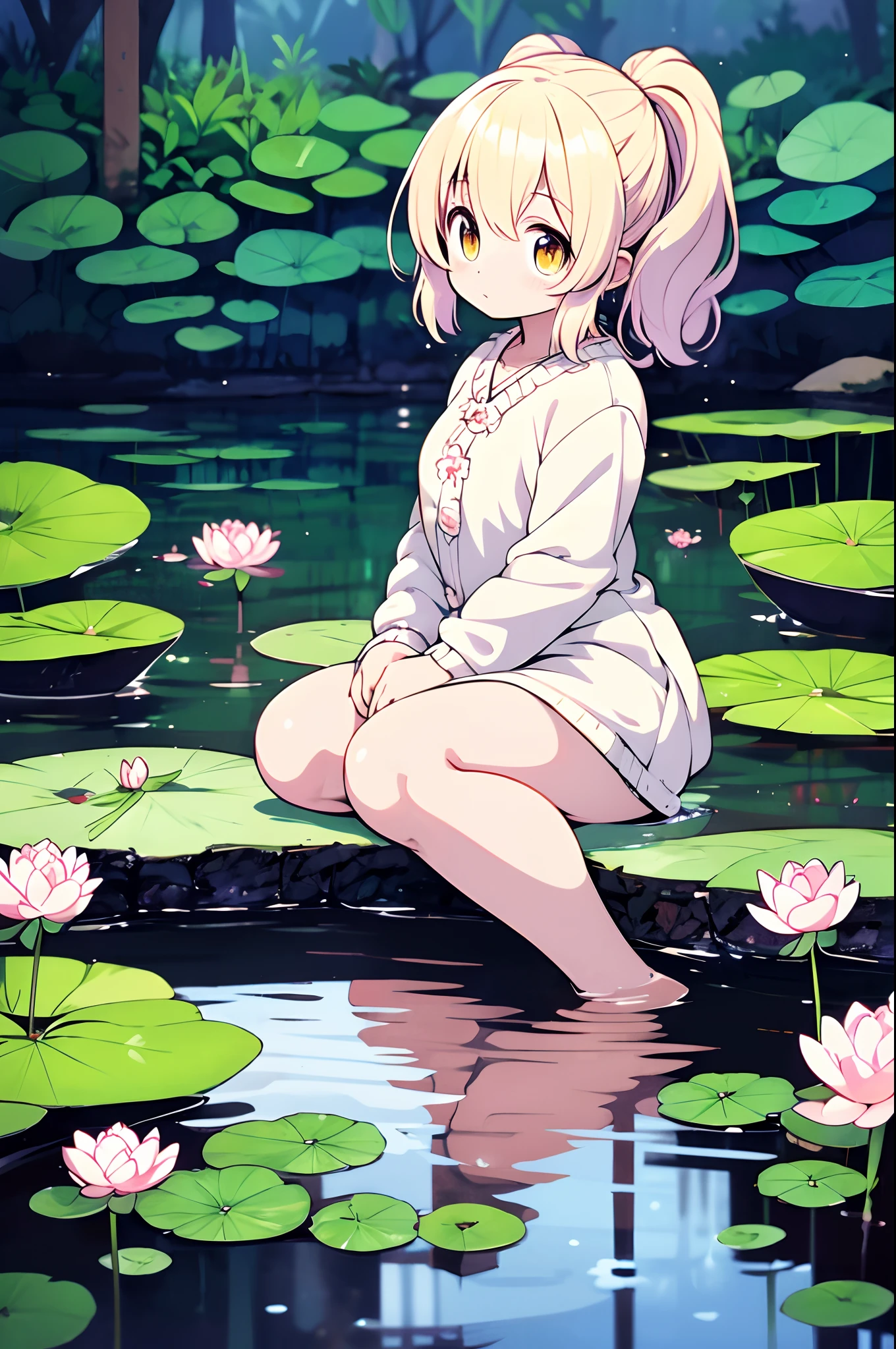 There is a girl sitting on a leaf, (White clothes), Fresh color scheme, There are stuffed animals, Guvez style artwork, popular in CGSTATION, illustratio:Li Song, soft anime, Lying on a mat of water lilies, Sitting on a lotus flower, Cute and detailed digital art, Cute art style, In the pond, By Jan J, Cute digital art, Guvitz, Sitting by the pond