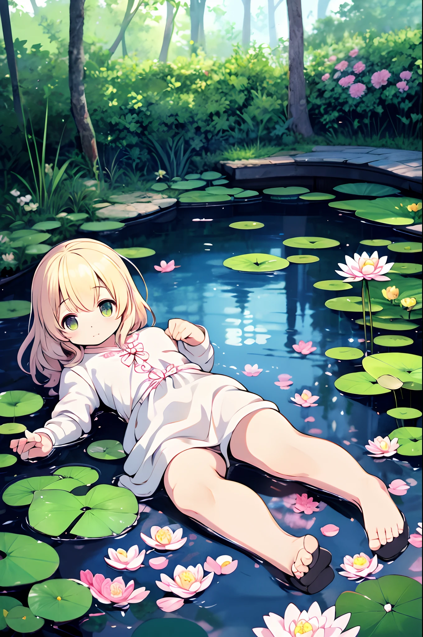 There is a girl sitting on a leaf, (White clothes), Fresh color scheme, There are stuffed animals, Guvez style artwork, popular in CGSTATION, illustratio:Li Song, soft anime, Lying on a mat of water lilies, Sitting on a lotus flower, Cute and detailed digital art, Cute art style, In the pond, By Jan J, Cute digital art, Guvitz, Sitting by the pond