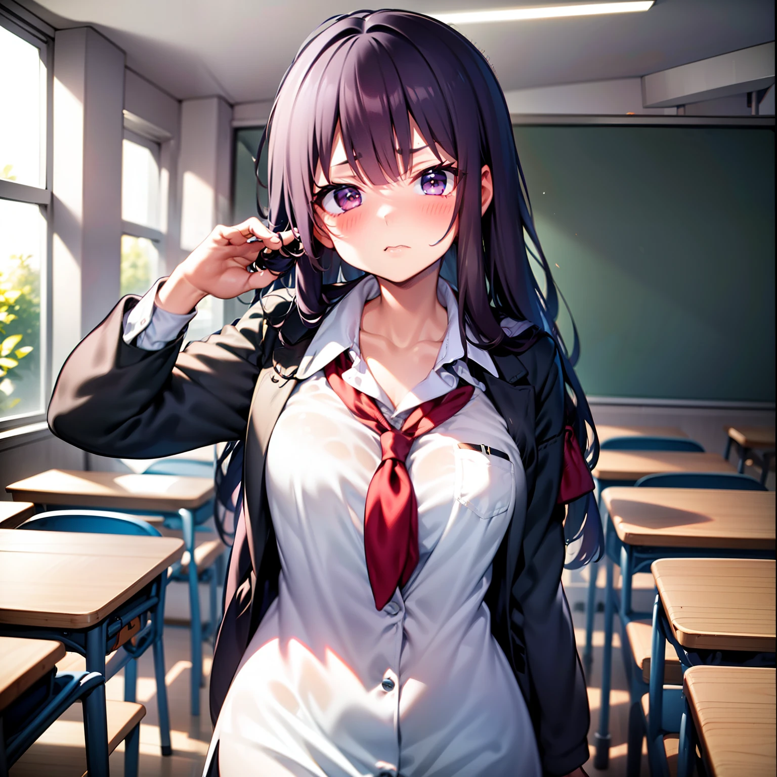 girl, bishoujo, small breasts, school uniform, dress lift, ((disdain)),(classroom),black hair,tanned skin,