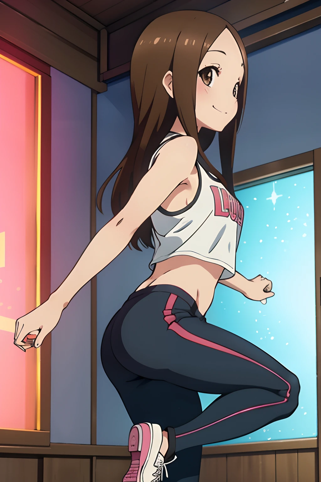 (Realistic),(Photorealistic),Takagi_San, 1girl in, Height 155 cm,Long hair, Brown hair, Part bangs, Brown eyes,White crop top,large full breasts,（exposed abdomen）,Pink Training Shorts,Black sneakers,Forehead,Smile, Looking at Viewer,masutepiece,Big ass,Full body, Best Quality, volumatic light, Ray tracing,the Extremely Detailed CG Unity 8K Wallpapers,Smile,The background is a dance studio, light, Fantasia,magic sparks,