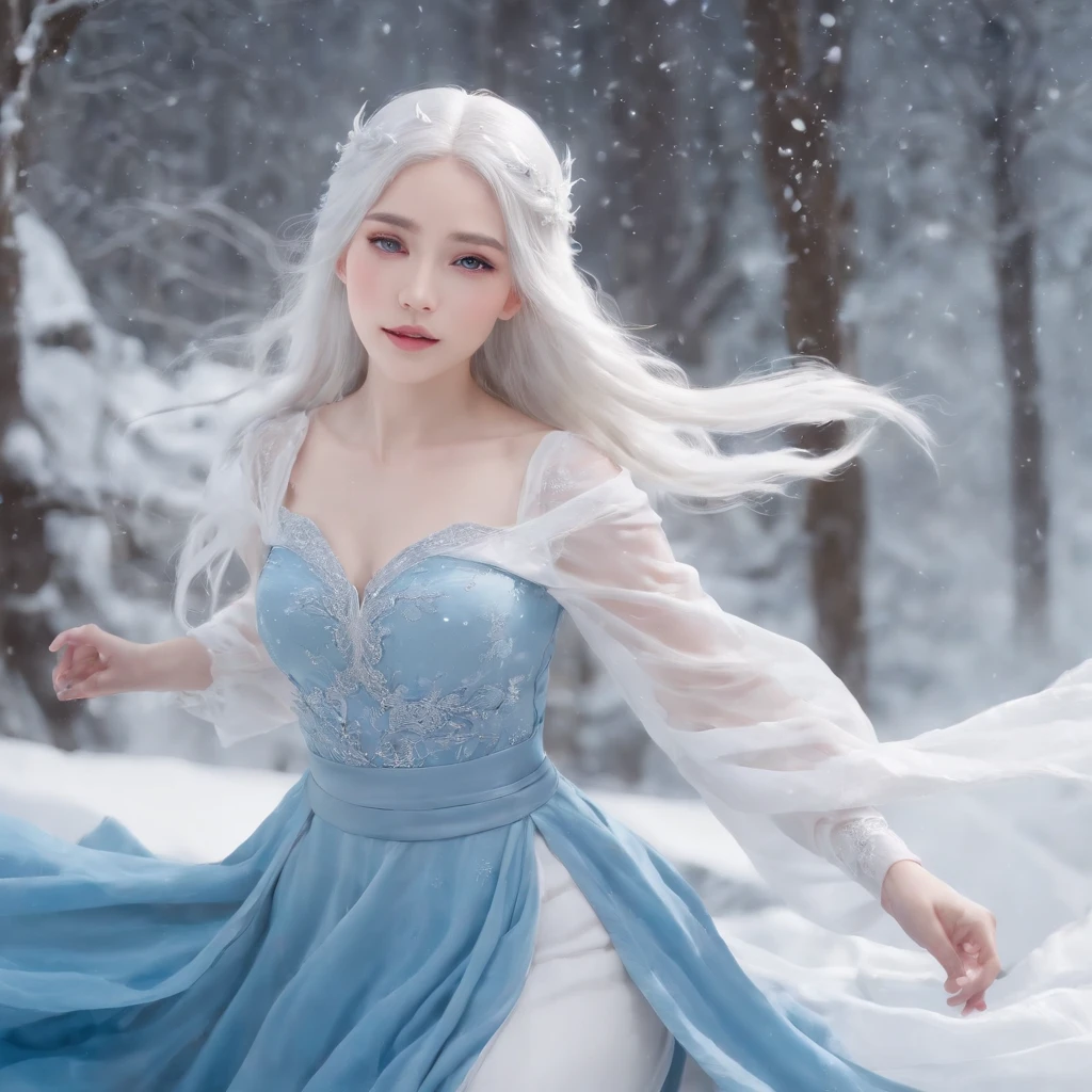 Anime girl with long white hair and blue dress in the snow, white-haired god, white hair floating in air, Anime fantasy illustration, Flowing white hair, Beautiful young wind spirit, beautiful fantasy anime, glowing flowing hair, ethereal anime, Beautiful anime artwork, Beautiful digital artwork, Anime fantasy artwork, ((a beautiful fantasy empress)), 2. 5 D CGI anime fantasy artwork