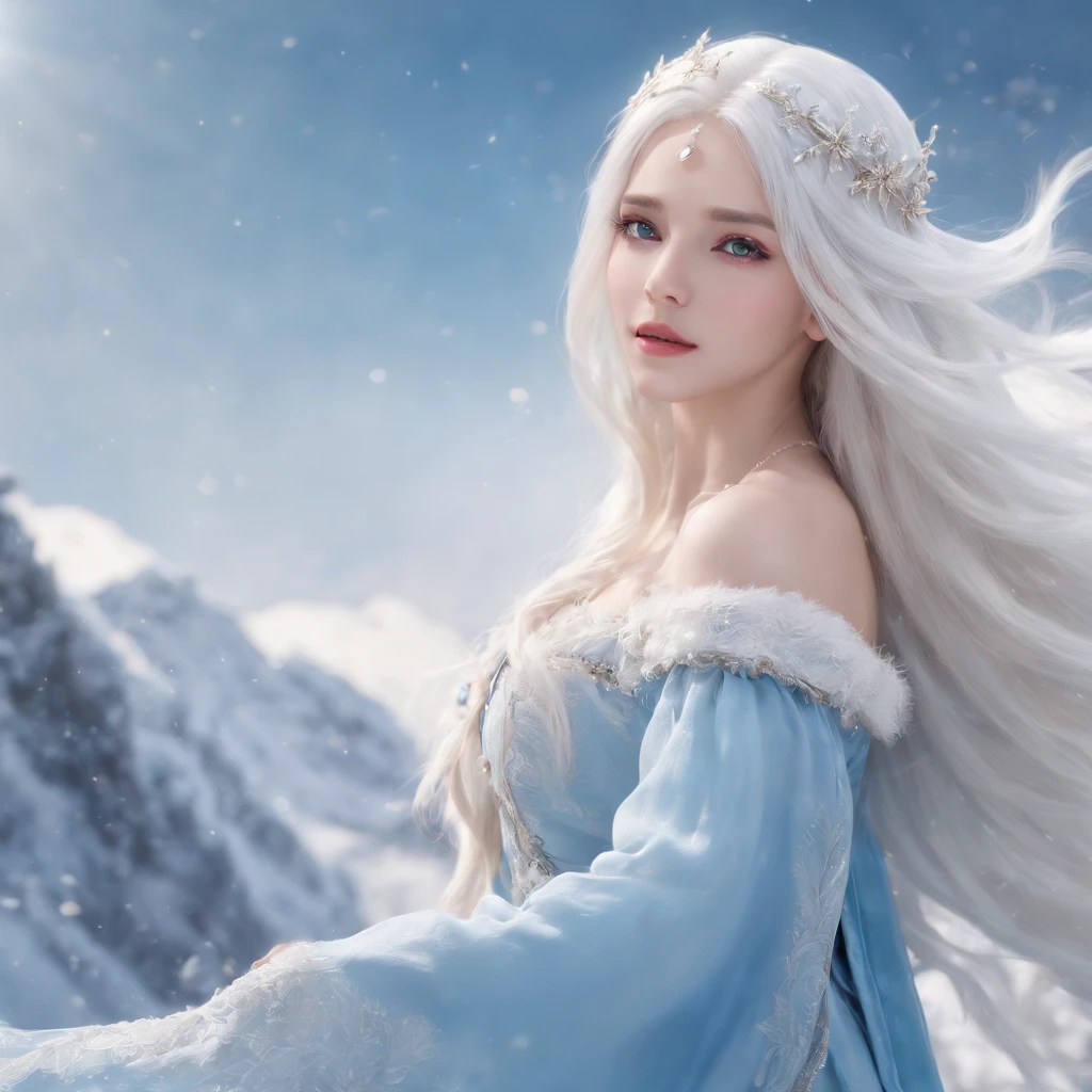 Anime girl with long white hair and blue dress in the snow, white-haired god, white hair floating in air, Anime fantasy illustration, Flowing white hair, Beautiful young wind spirit, beautiful fantasy anime, glowing flowing hair, ethereal anime, Beautiful anime artwork, Beautiful digital artwork, Anime fantasy artwork, ((a beautiful fantasy empress)), 2. 5 D CGI anime fantasy artwork
