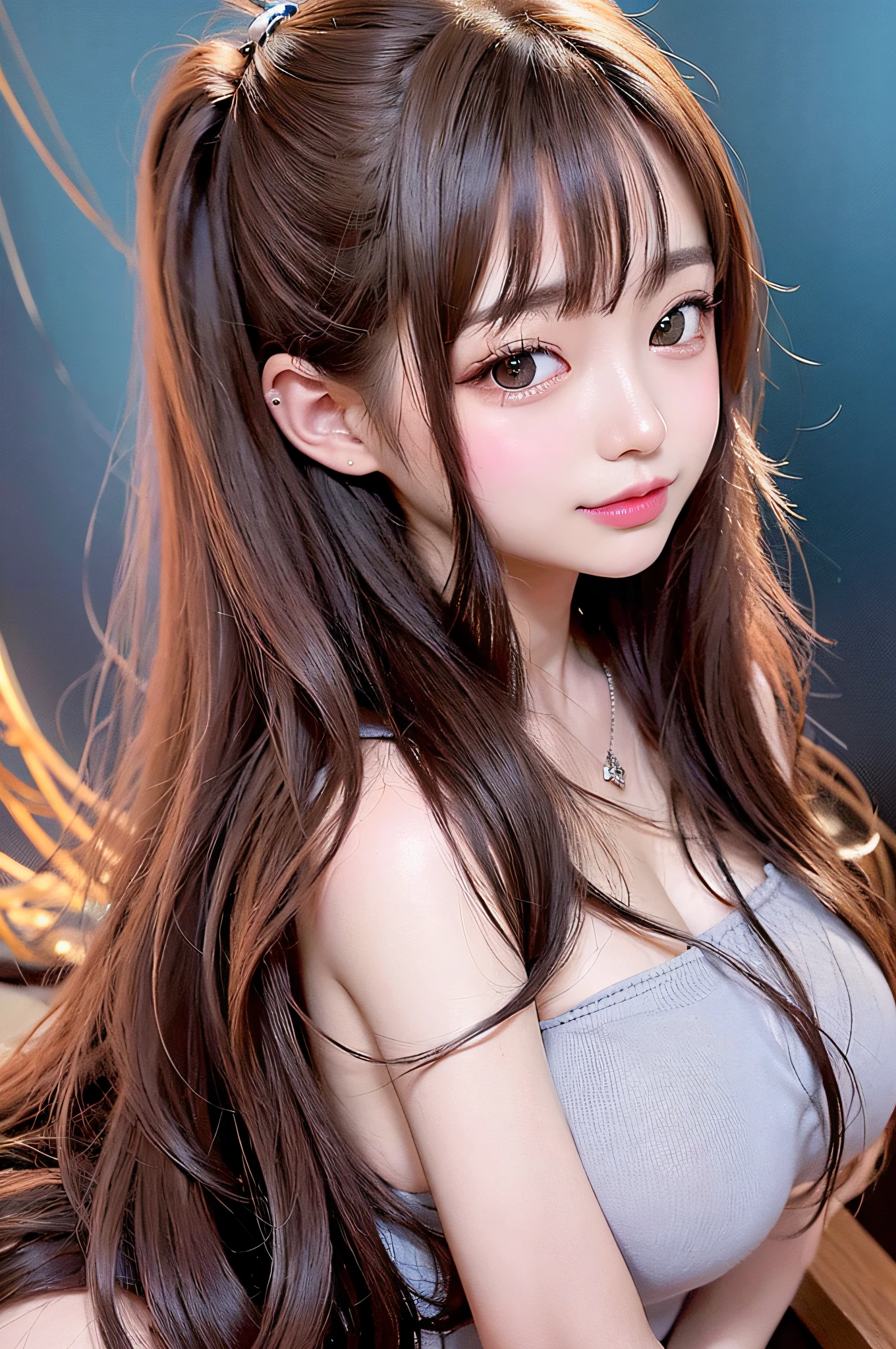 NSFW image、(surrealistic), (illustratio), (hight resolution), (8k picture), (ighly detailed), (The best illustrations), (beatiful detailed eyes), (top-quality), (ultra-detailliert), (masterpiece), (wall-paper), (详细的脸), 独奏, 1girl in, Wavy brown hair、huge smile、Enraptured look、fullnude、Blushing cheeks、bangss、poneyTail、Colossal tits、Constriction of the lower back、skinny thigh、small ass、Beautiful bangs、a bar counter、Look at your audience、a necklace、耳Nipple Ring、Sit on a soft sofa、Watching from above、