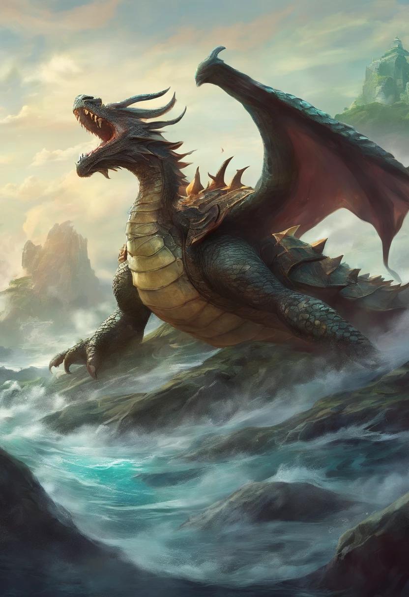 Black crocodile-turned-dragon hiding in the waterfall