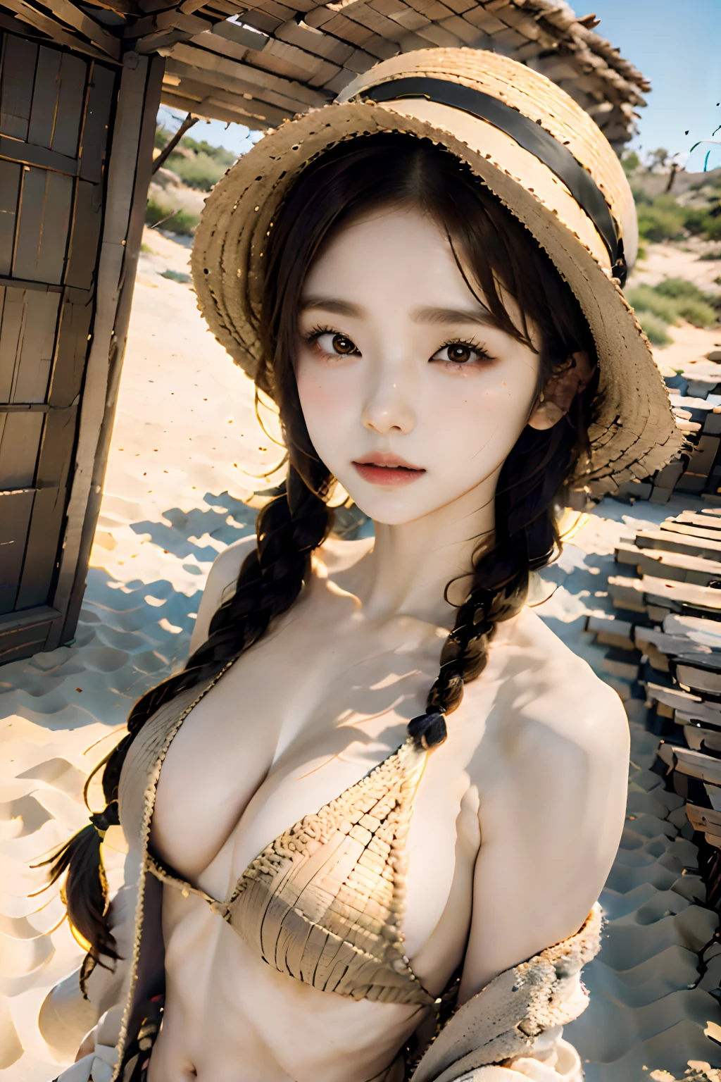 top-quality、masutepiece、8ｋ、独奏、Braids、a straw fedora hat、Close up portrait of woman in robes standing on desert sand dunes、lensflare、sandal、Blurry background,Very attractive、超A high resolution、A hyper-realistic、high-detail、the golden ratio、the golden ratio、the golden ratio、Beauty、Beauty、Beauty