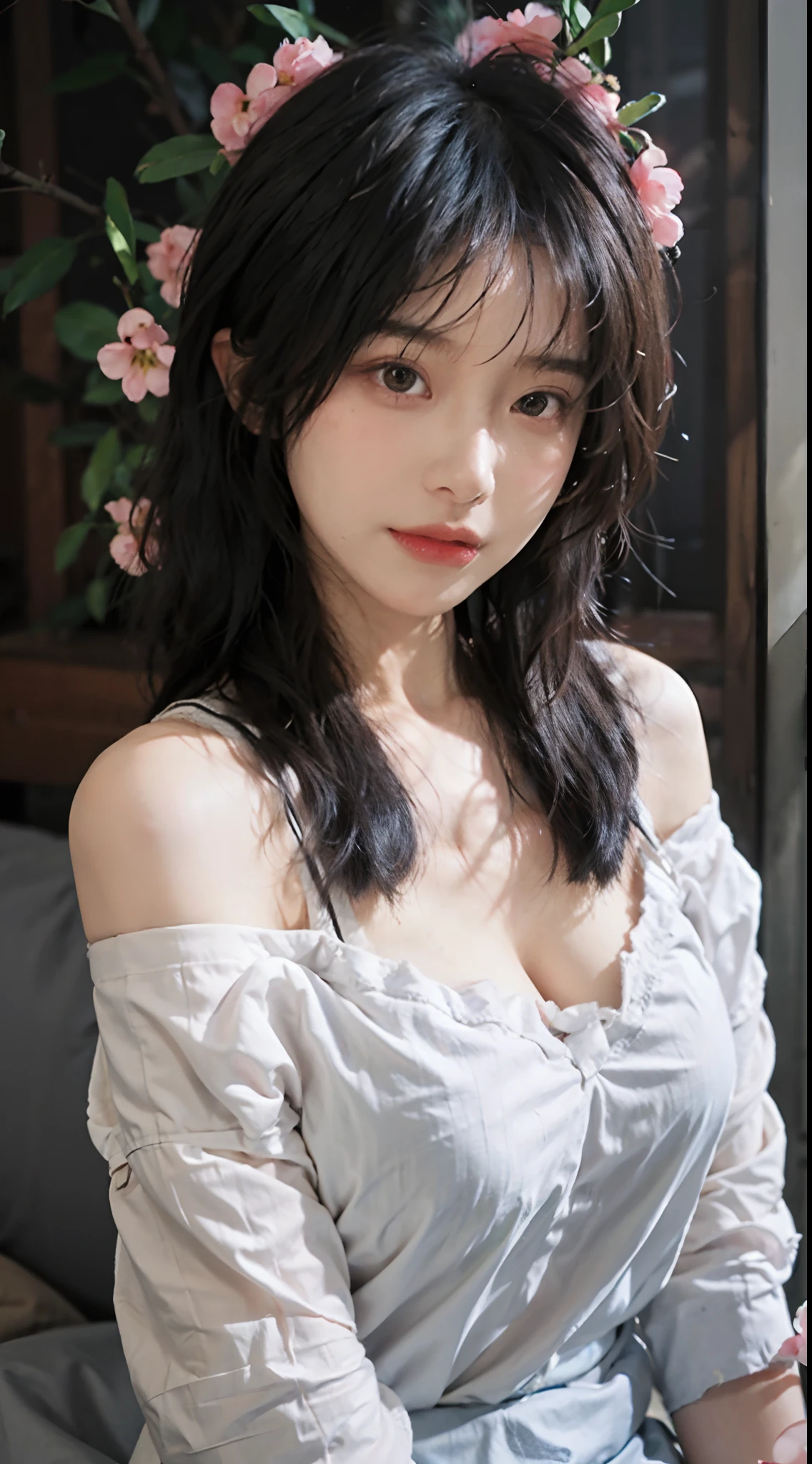 best qualtiy， 超高分辨率， （realisticlying：1.4）， 1 girl， A pair of peach blossom eyes，Off-shoulder white shirt，   （Faded gray-gray hair：1.4）， （big cleavage breasts：1.2）， closeup cleavage ，