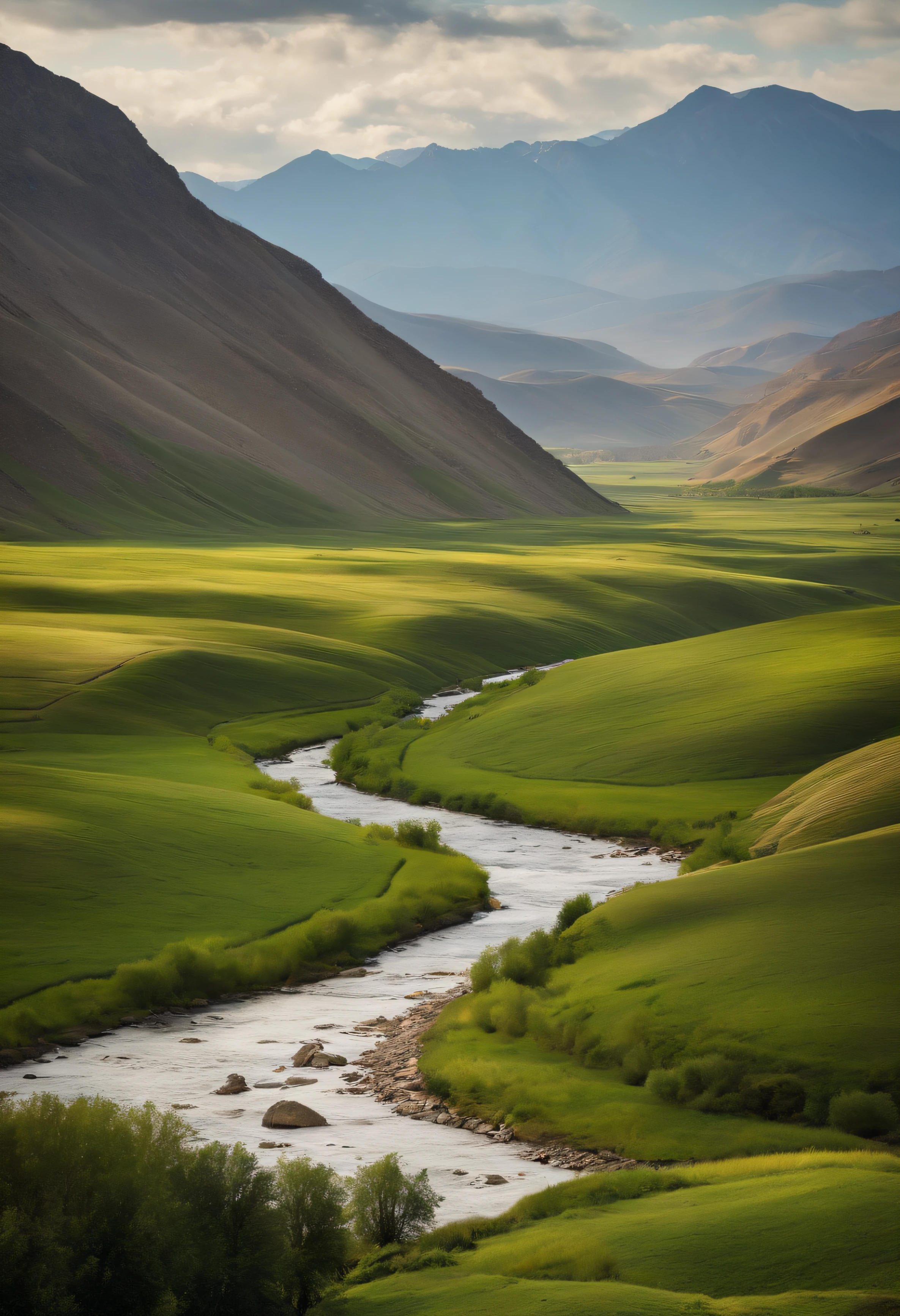 Aalfid view of the valley,A river runs through it, a matte painting by Alexander Runciman, shutter inventory, Process art, film Silk Road landscape, Stunning landscape, breathtaking landscape, Majestic nature, Mongolia, Landscape scenery, amazing landscape in background, Detailed scenery —width 672, grass mountain landscape, natural landscape beauty, beautifully lit landscape