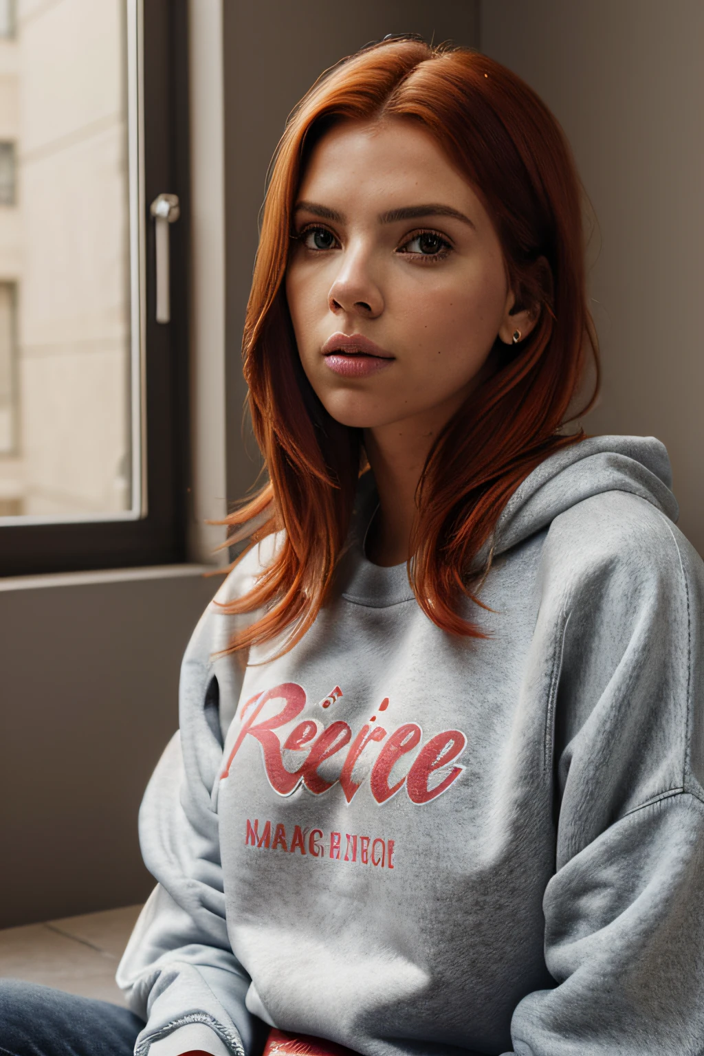 (((sweatshirt sexy))), ((realistic lighting, melhor qualidade, 8k, master part: 1.3)), Clear focus: 1.2, 1Menina como Scarlett Johansson, Beleza facial Perfeita: 1.4, ((red hair)), (home: 1.1), Cara super fina, Olhos Finos, double eyelids, Desejo Puro, inside home, home, insde