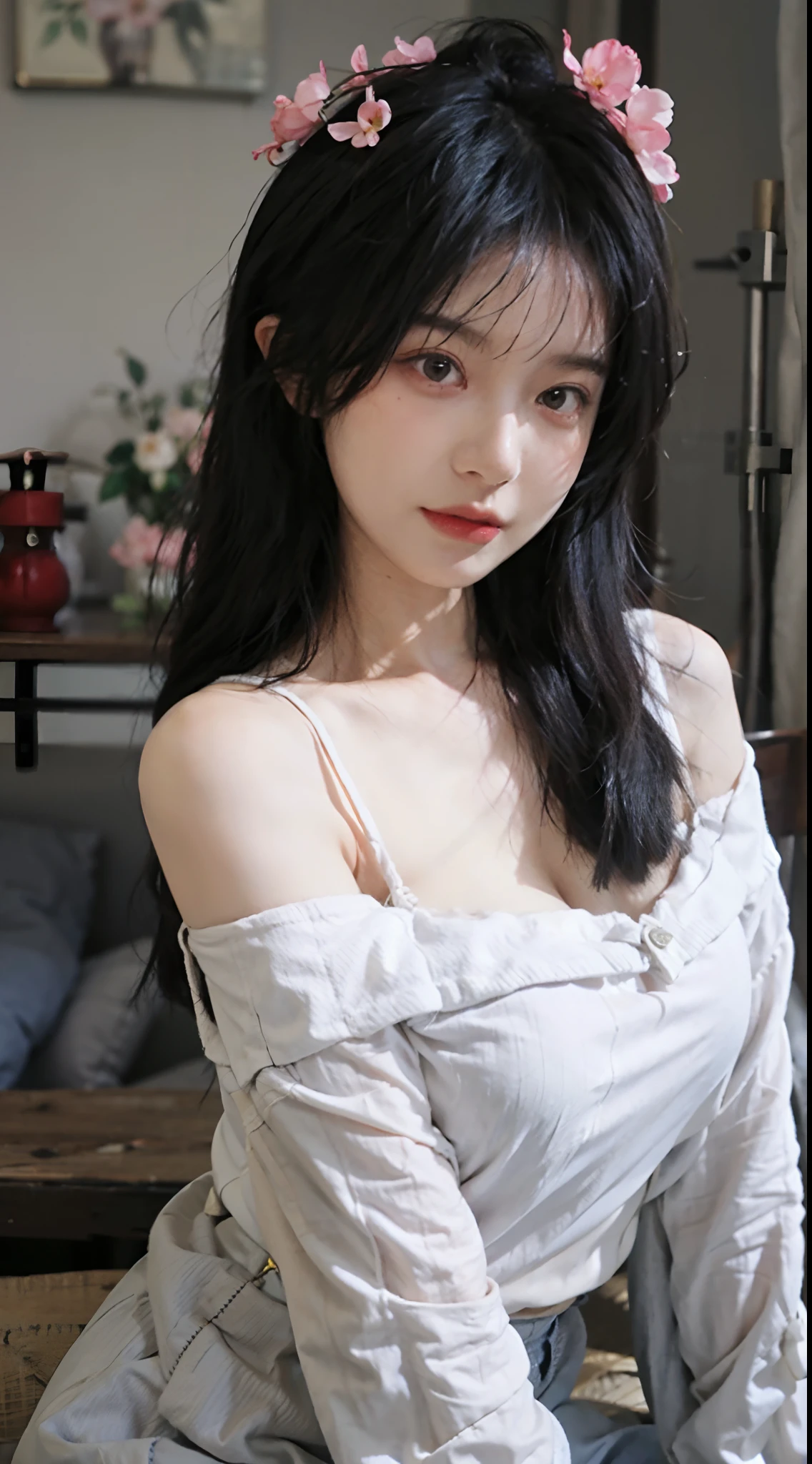 Film portrait photography, 1 girl, bare shoulders, Shoulder length wavy hair, serene, calm, (Realistic and detailed eyes, natural skin texture, Realistic facial details), Soft dramatic lighting, depth of field, Bokeh,cleavage, Vibrant details, Detailed and detailed, Surrealism, 35mm film, hazy, ,