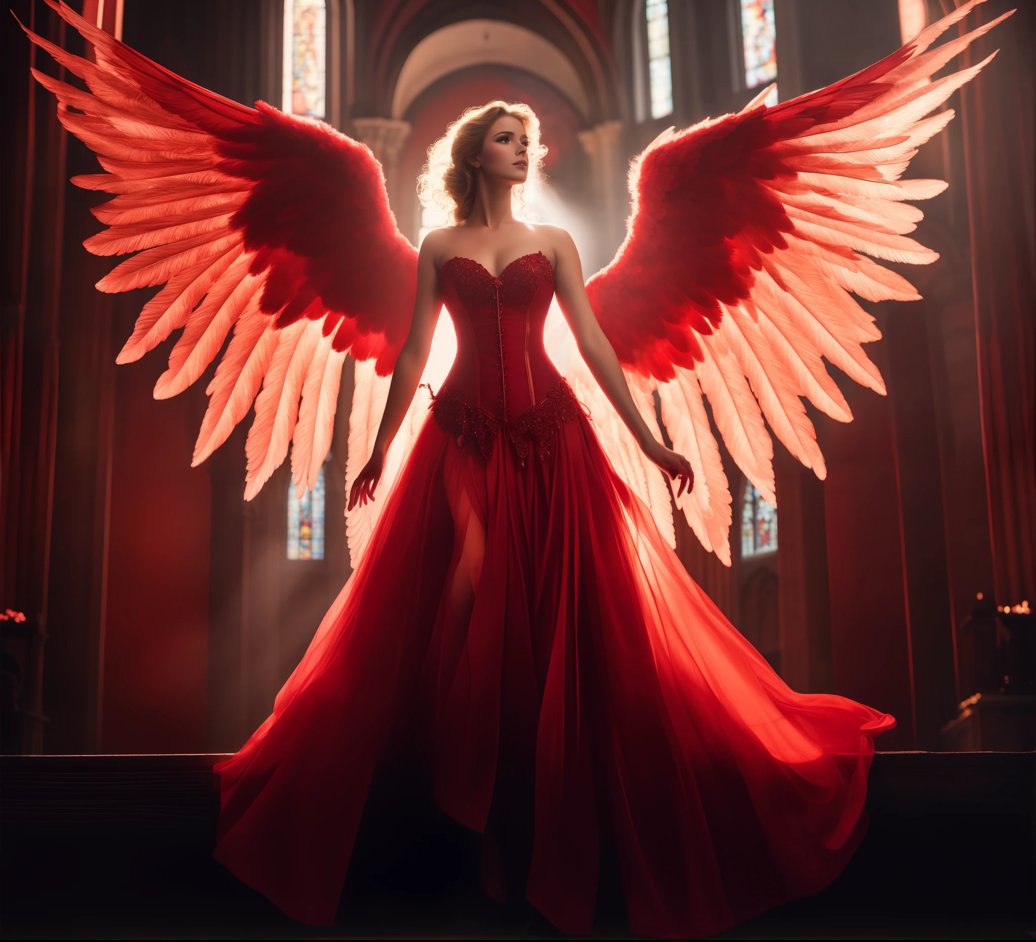 arafed woman in a red dress with wings in a church, epic angel wings, big angel wings wide open, full - body majestic angel, massive angel wings, spreading her wings, with beautiful wings, red feathered wings, miss aniela, beautiful female angel, girl with angel wings, tall female angel, beautiful angelic wings, beautiful angel, with wings