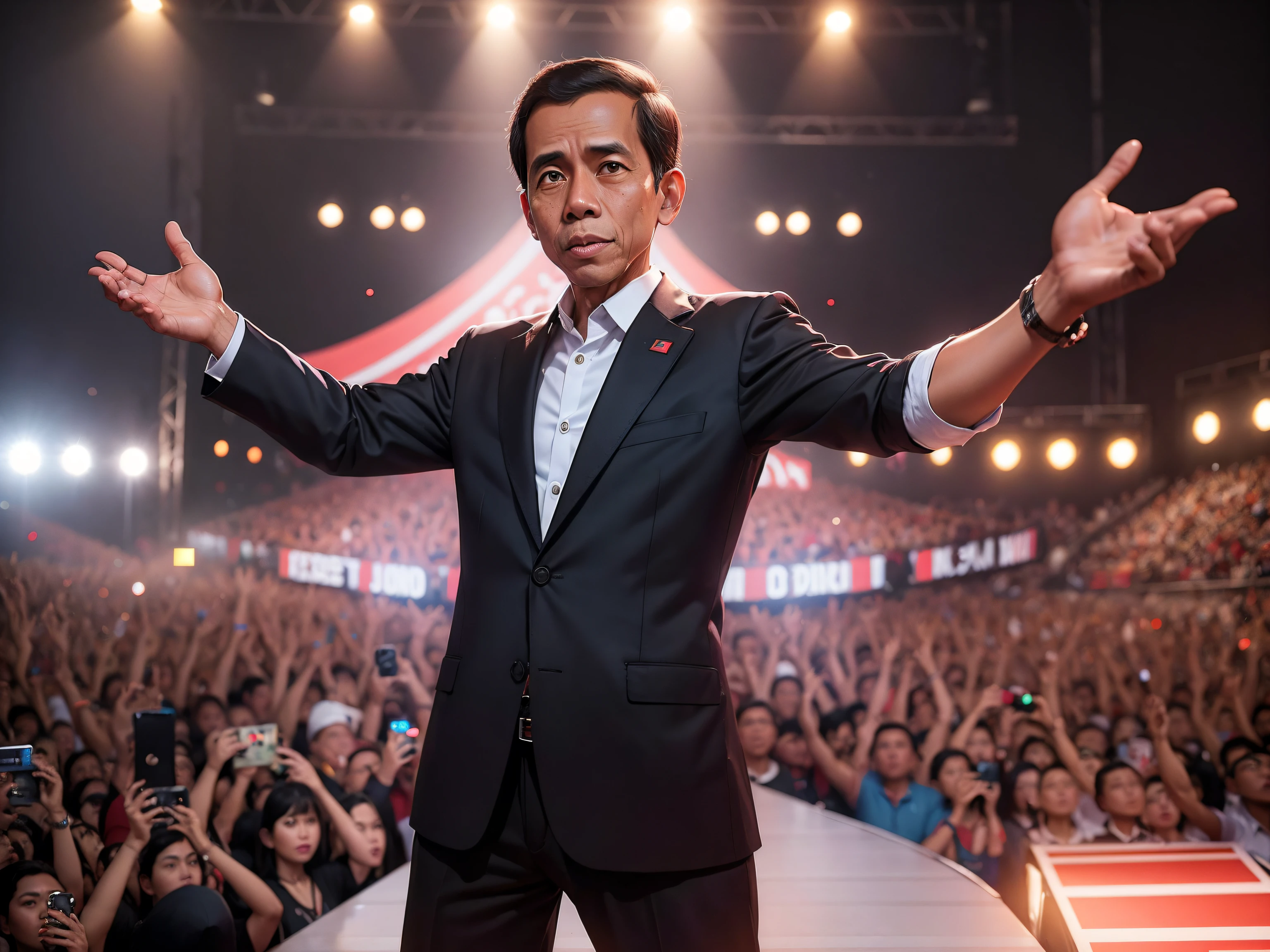 make me a realistic 3D poster of Indonesian President Jokowi as a model appearing on stage for many spectators and photographers
